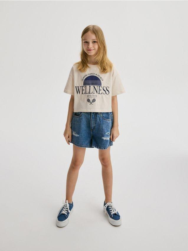 Blue Denim Shorts With Wash Effect, Kids Girls, , large image number 0