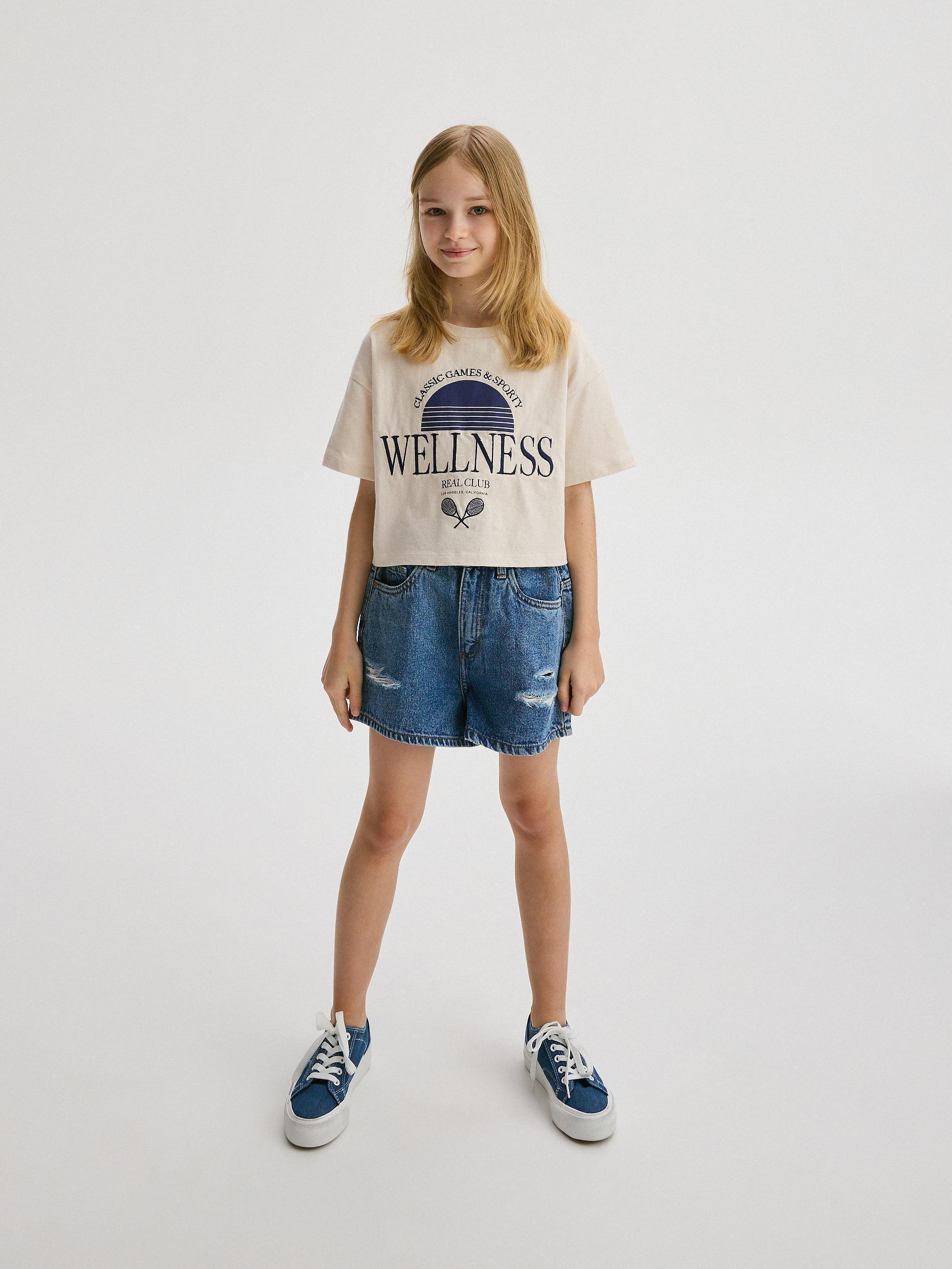 Blue Denim Shorts With Wash Effect, Kids Girls, , large image number 1
