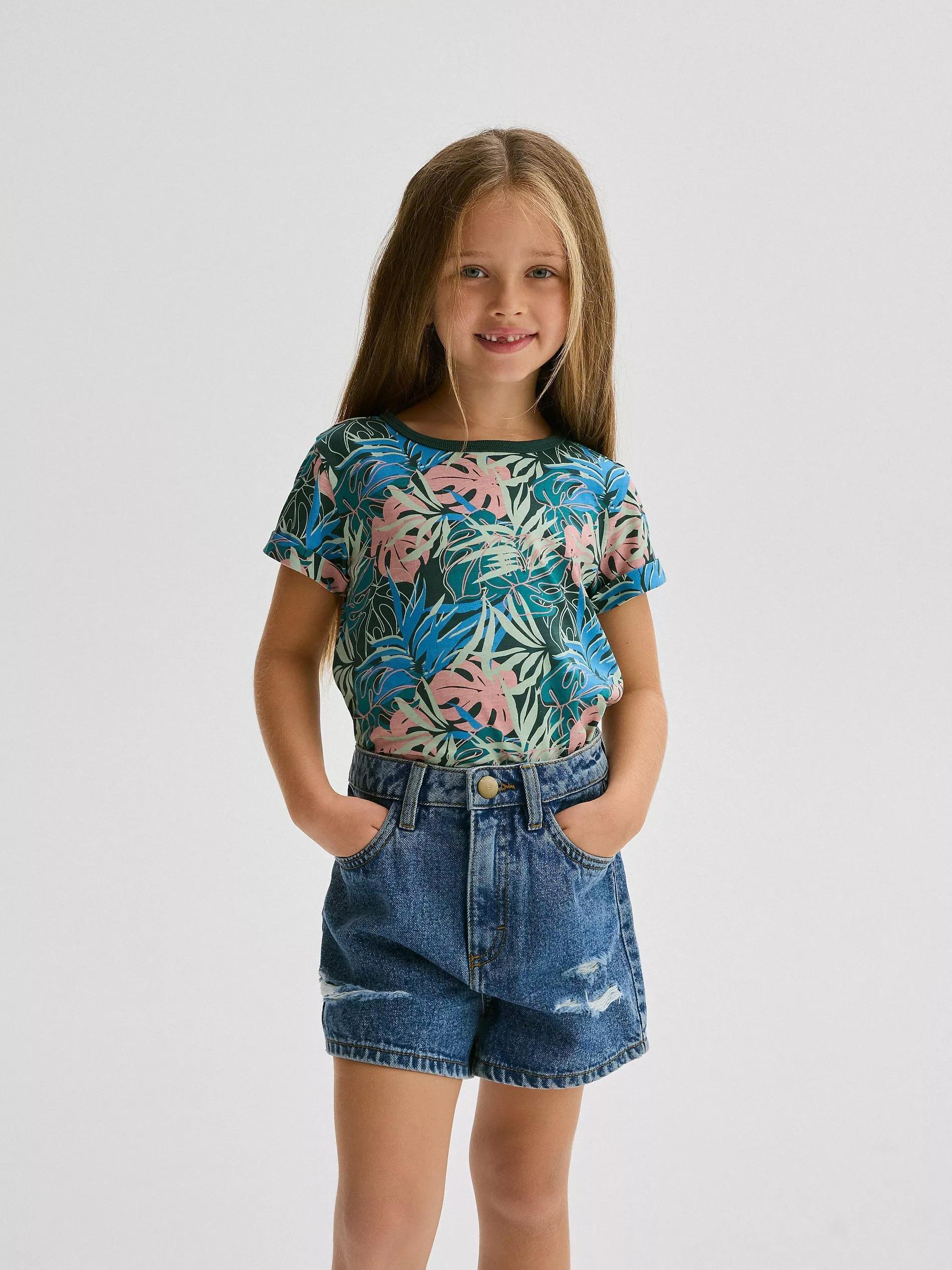 Blue Denim Shorts With Wash Effect, Kids Girls, , large image number 8