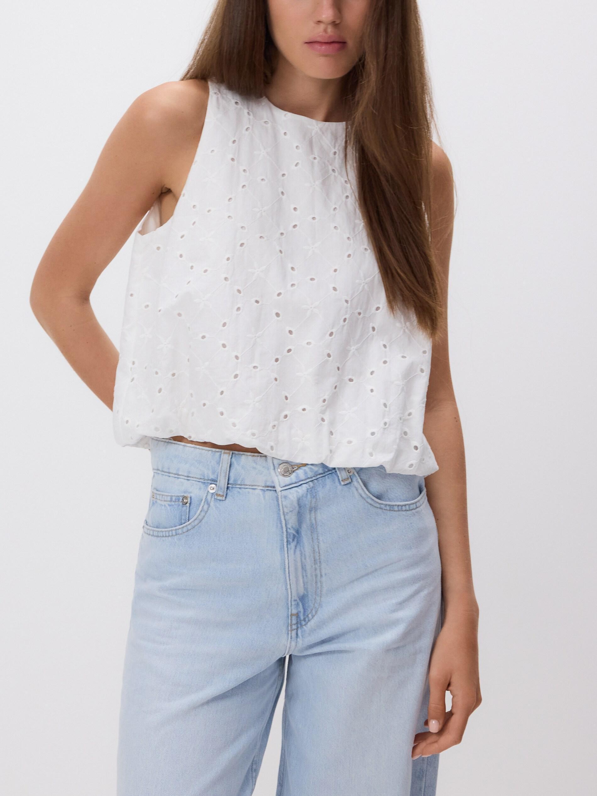 Cream Cotton Broderie Blouse, Ivory, large image number 0