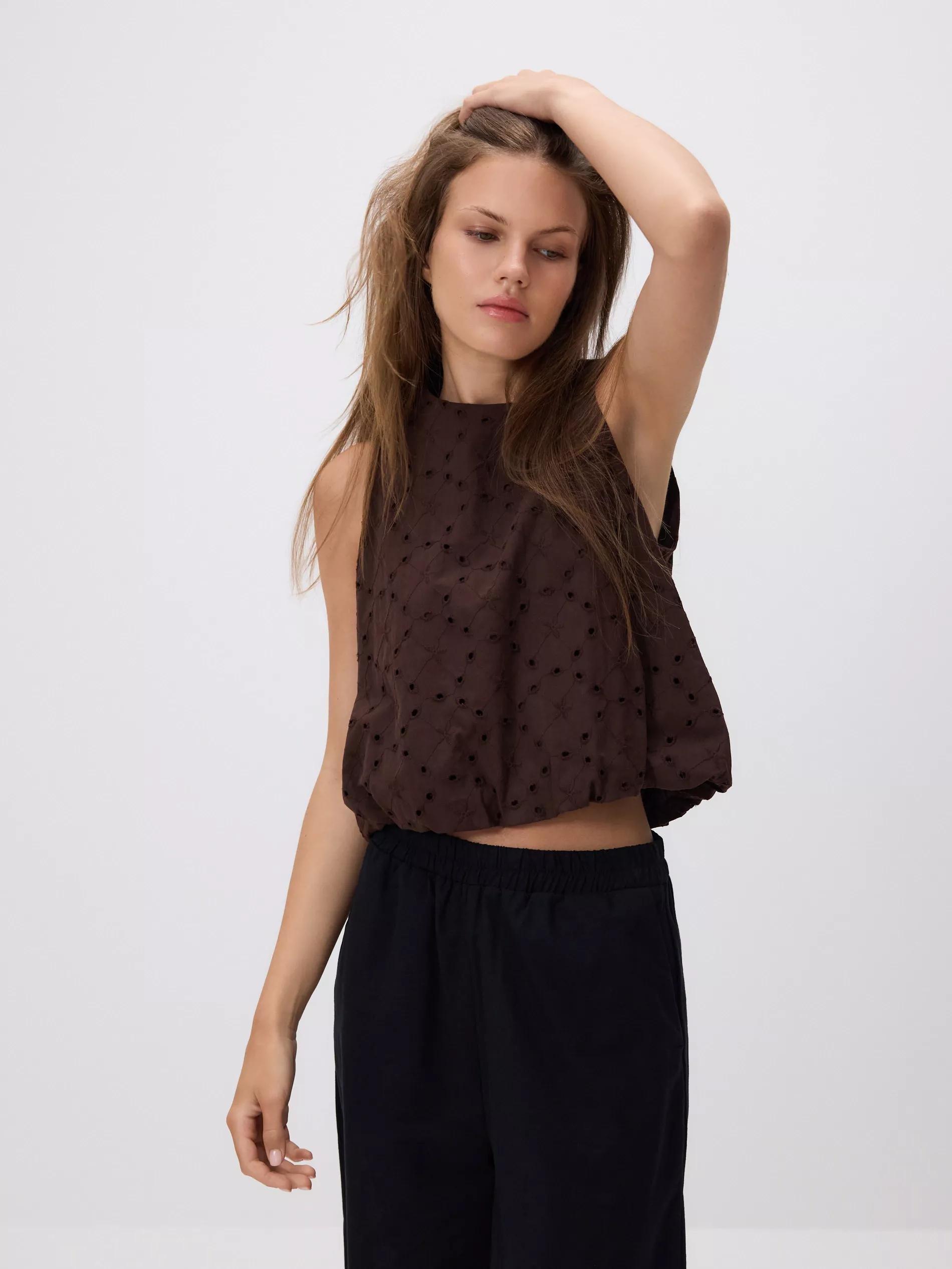 Brown Cotton Broderie Blouse, Brown, medium