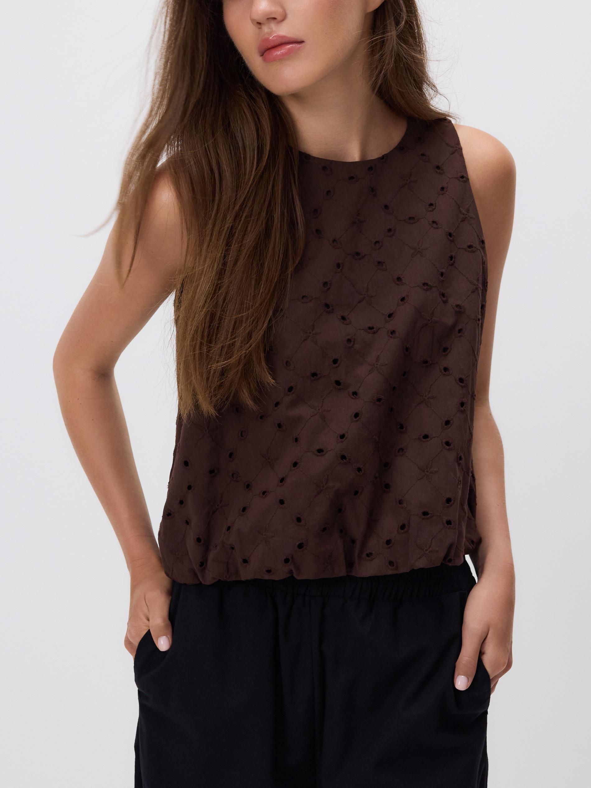 Brown Cotton Broderie Blouse, Brown, medium