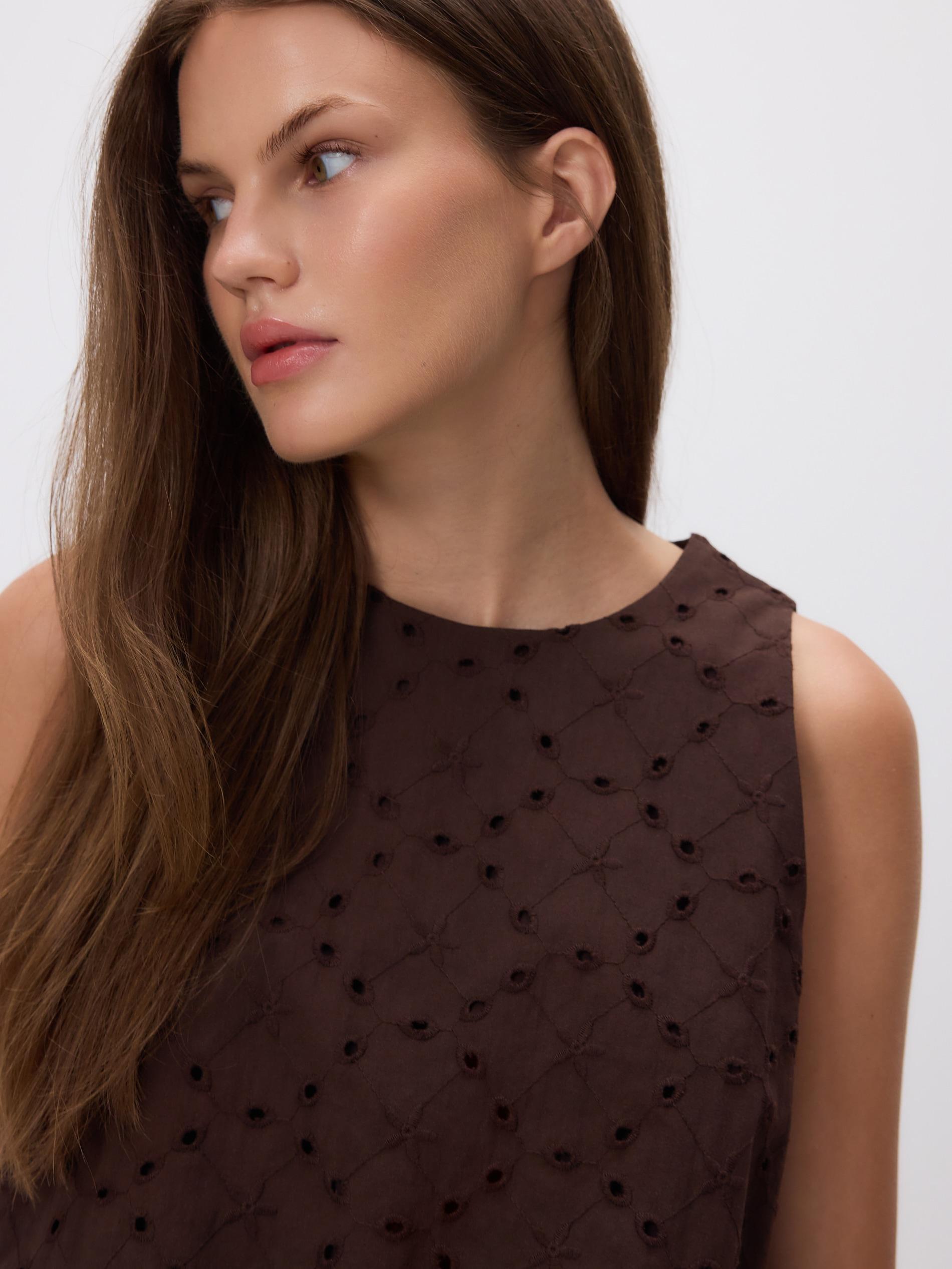 Brown Cotton Broderie Blouse, Brown, large image number 3