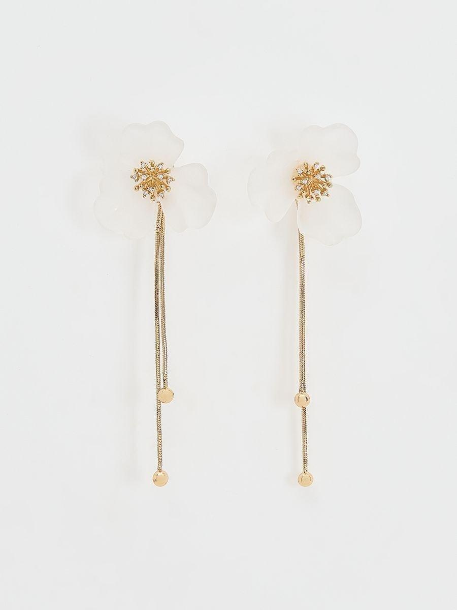Cream Long Dangling Earrings With Flower Detail, Ivory, large image number 1