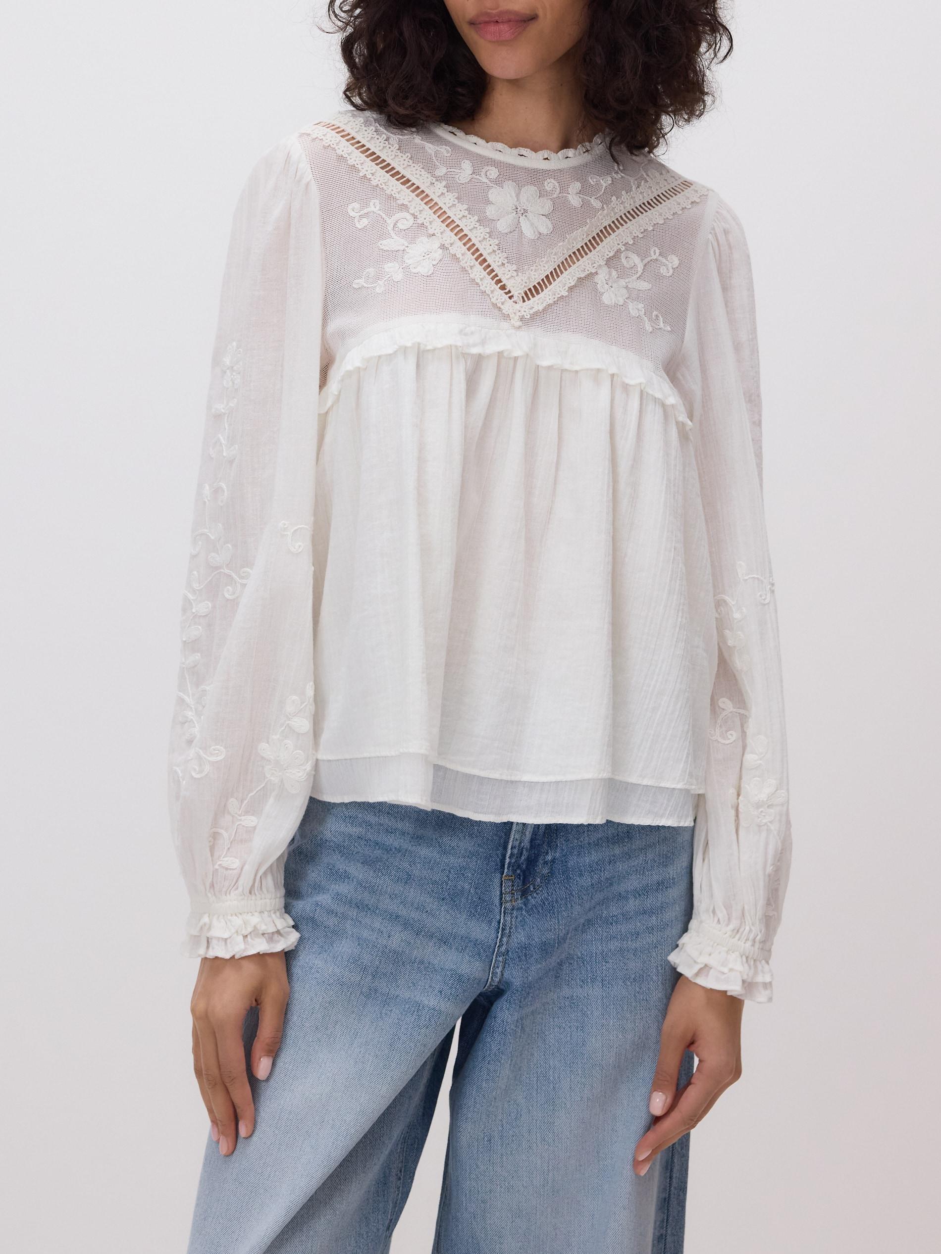 Cream Cotton Blouse With Embroidery, Ivory, large image number 0
