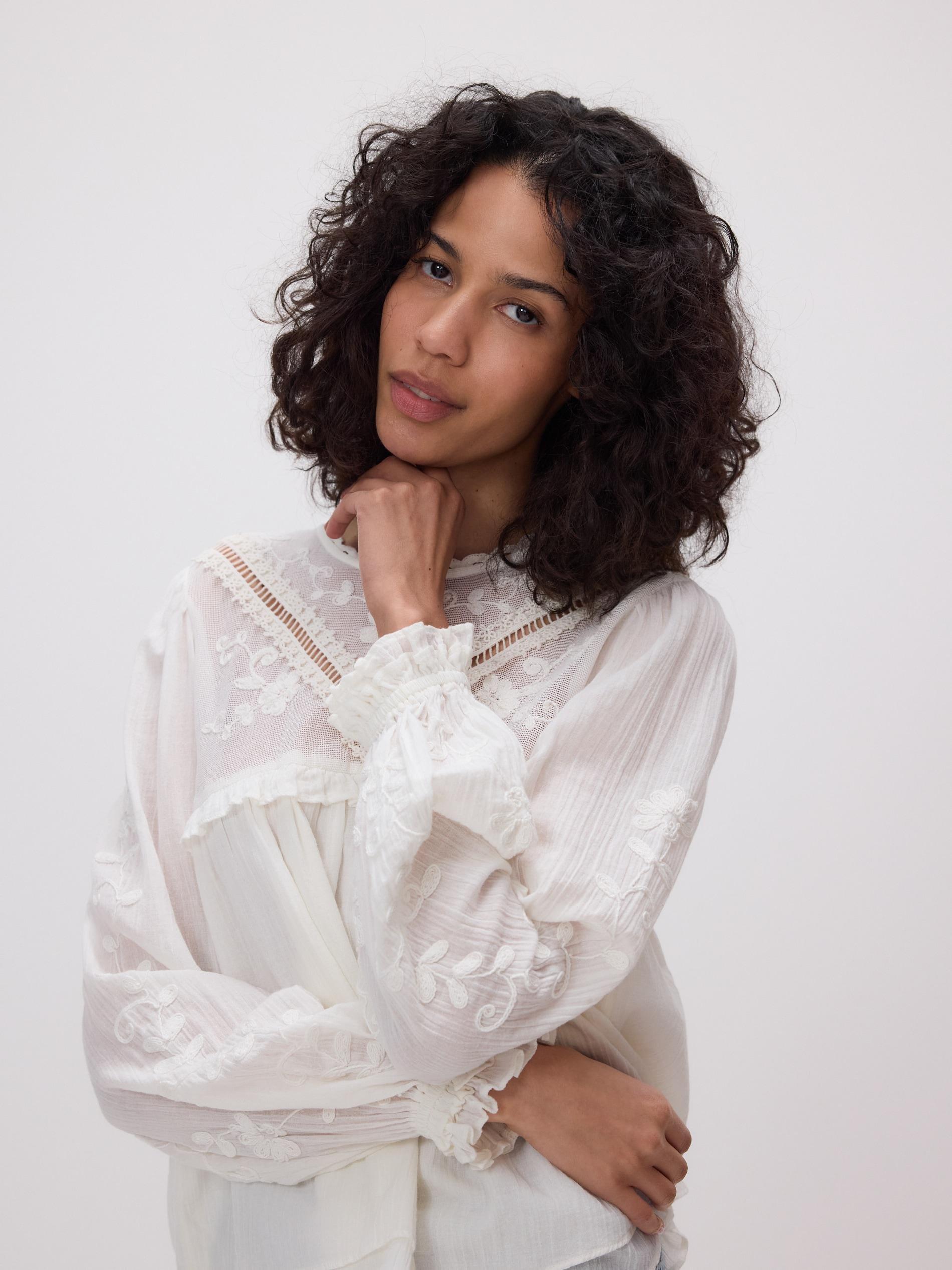 Cream Cotton Blouse With Embroidery, Ivory, large image number 1