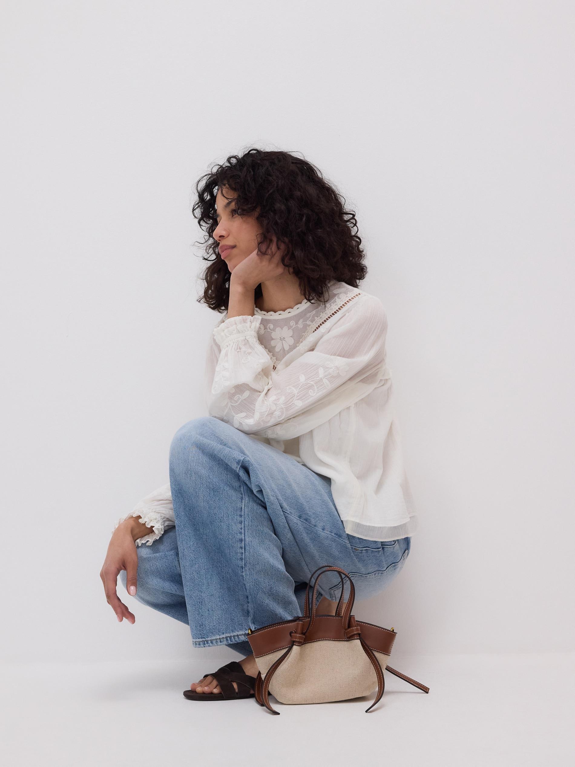 Cream Cotton Blouse With Embroidery, Ivory, large image number 2