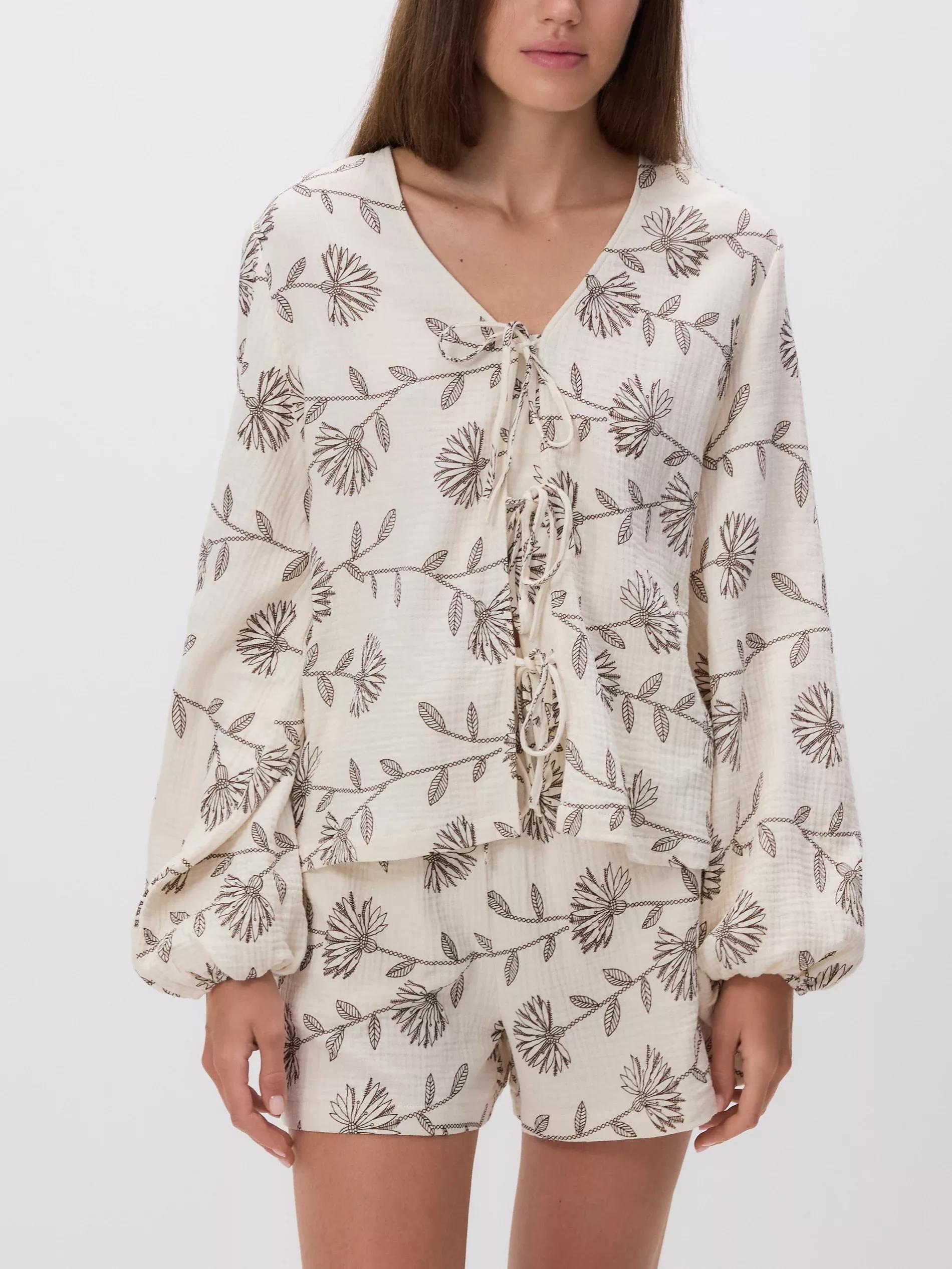 Beige Blouse with front tie, Ivory, medium