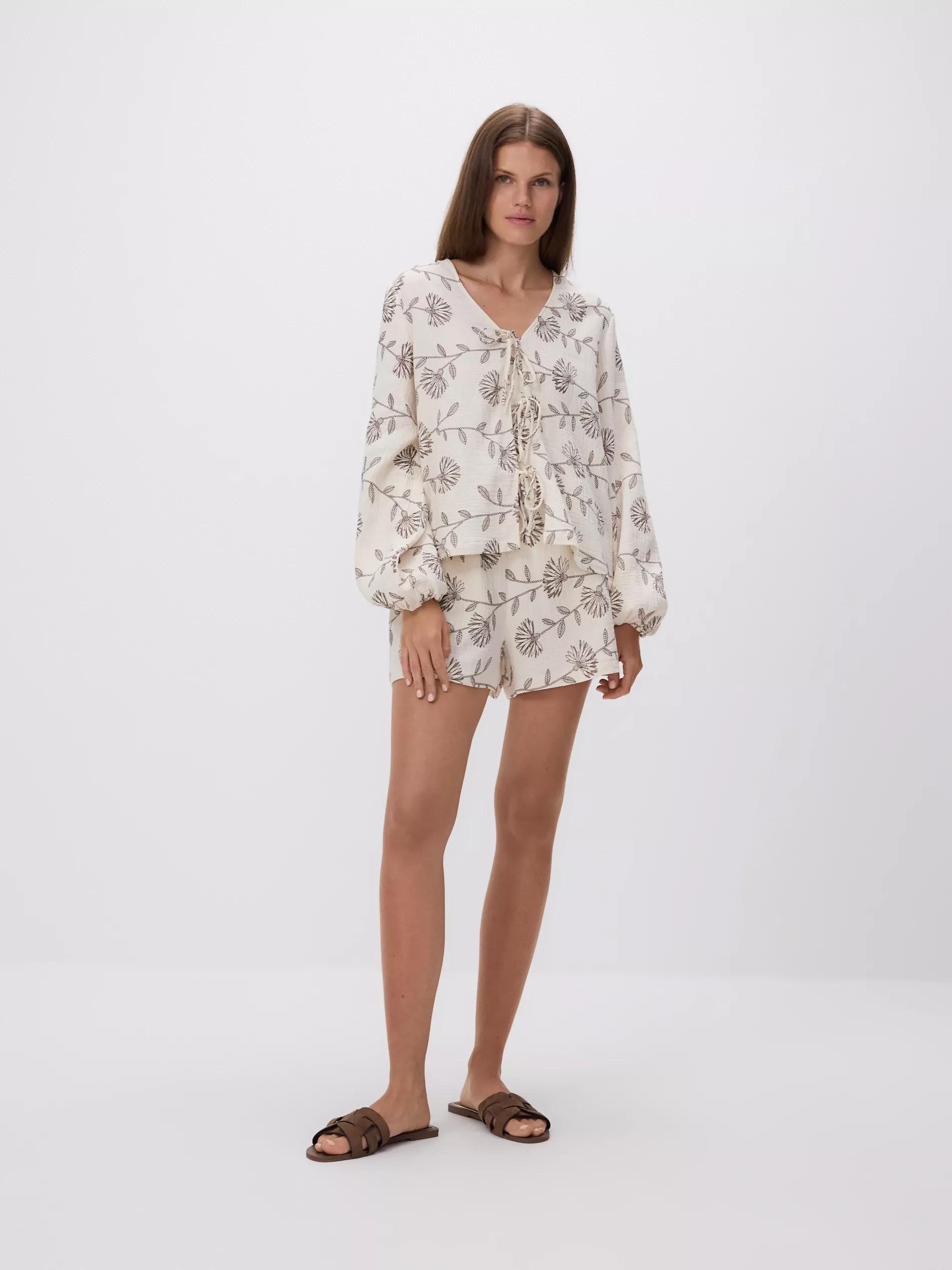 Beige Blouse with front tie, Ivory, medium