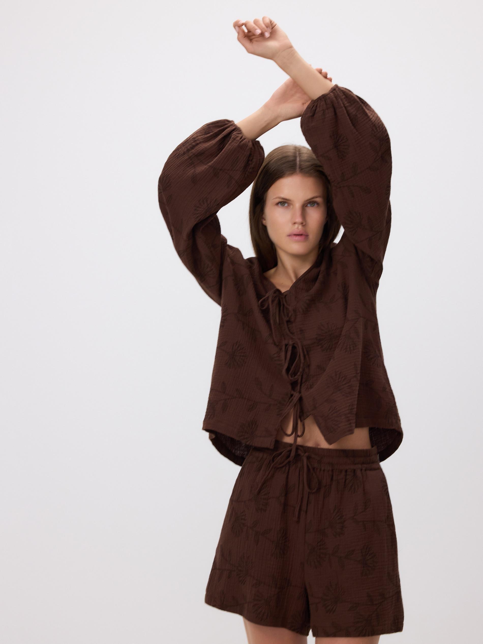 brown Blouse with front tie, , large image number 0
