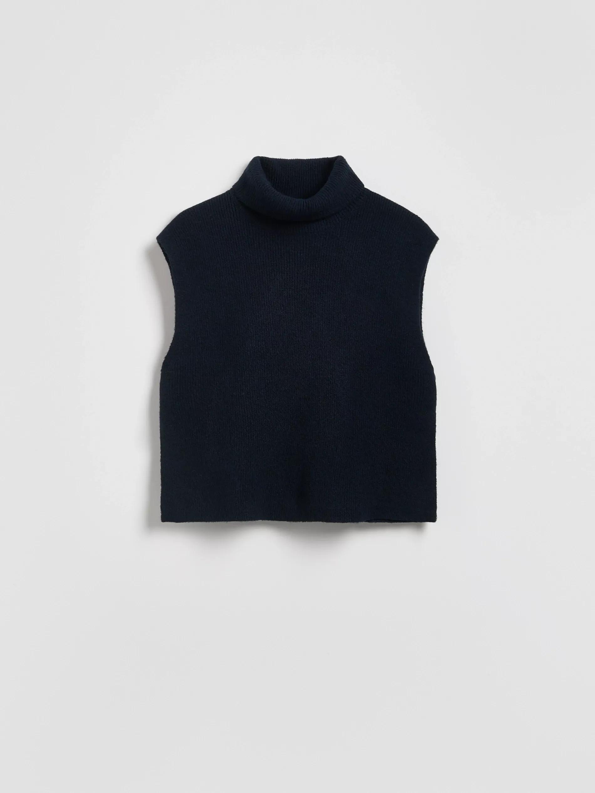 Navy Knitted Fabric Turtle-Neck Vest, Navy, medium