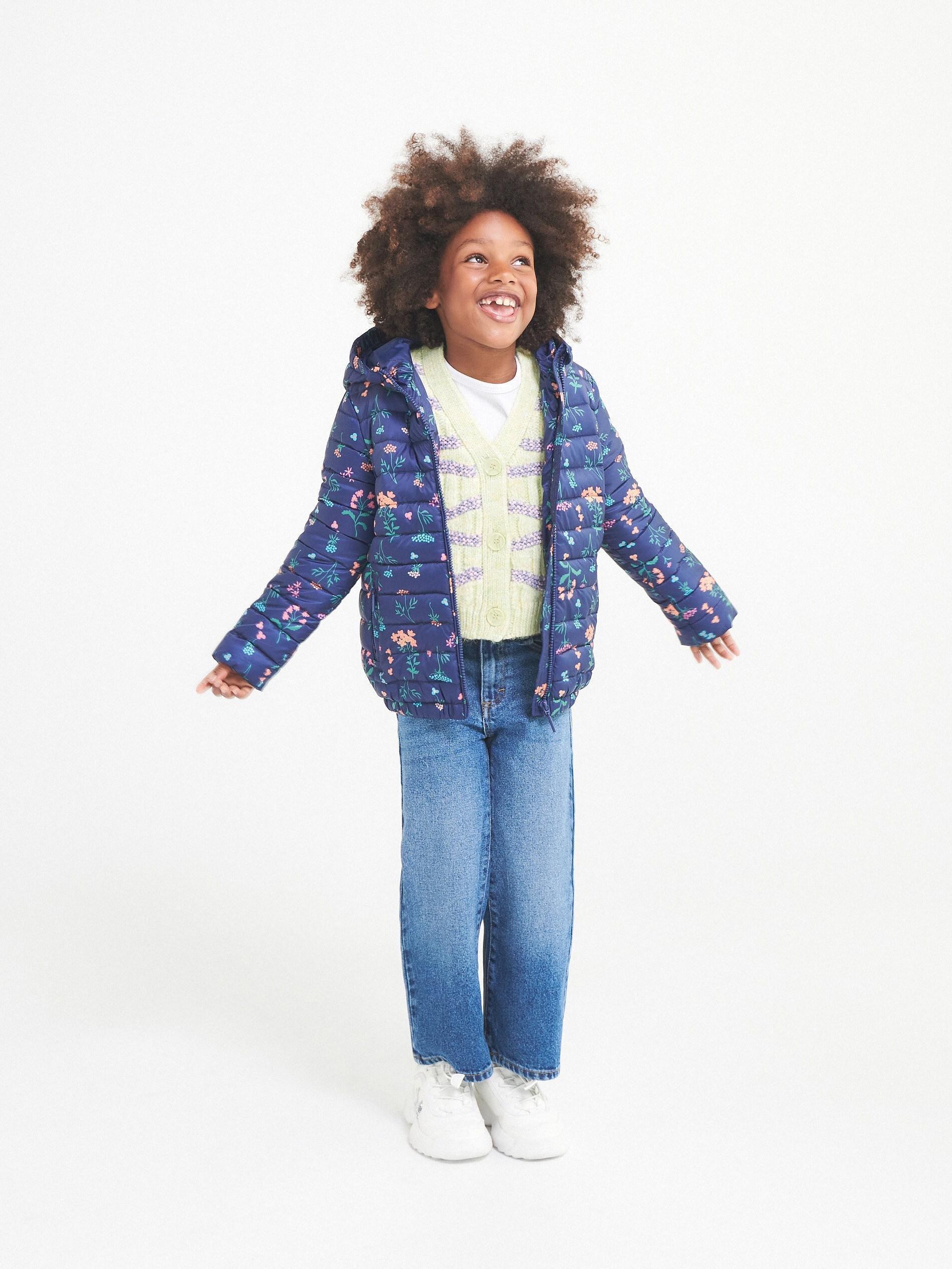 Navy Quilted Jacket With Hood, Kids Girls, , large image number 1