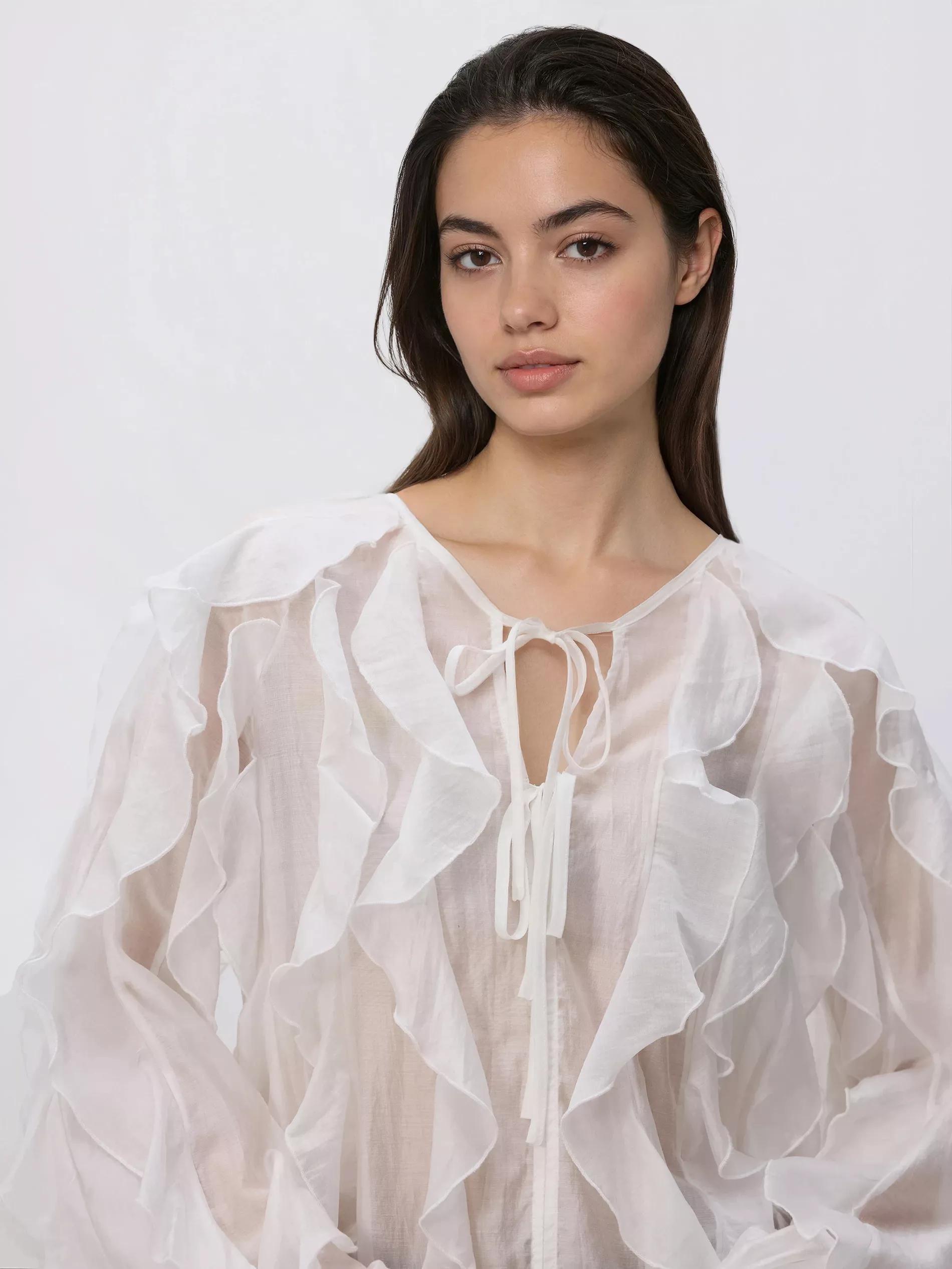 White Lyocell Blend Blouse, White, medium