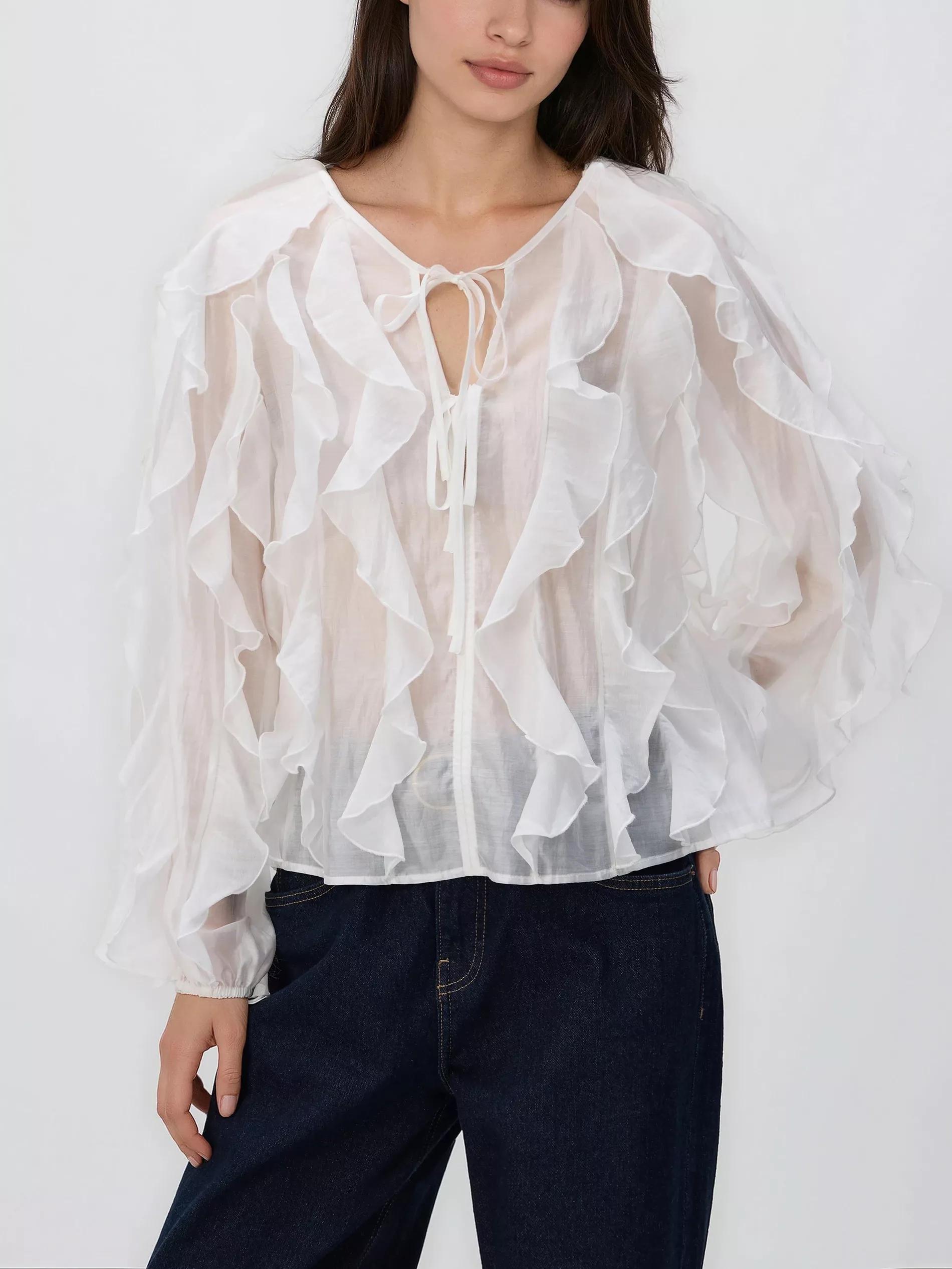 White Lyocell Blend Blouse, White, large image number 3