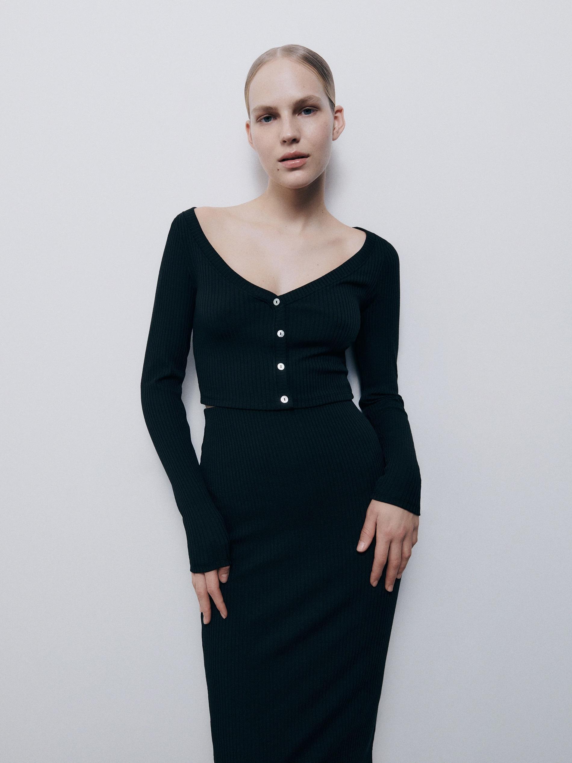 Black Rib Knit Jersey Crop Top, , large image number 0
