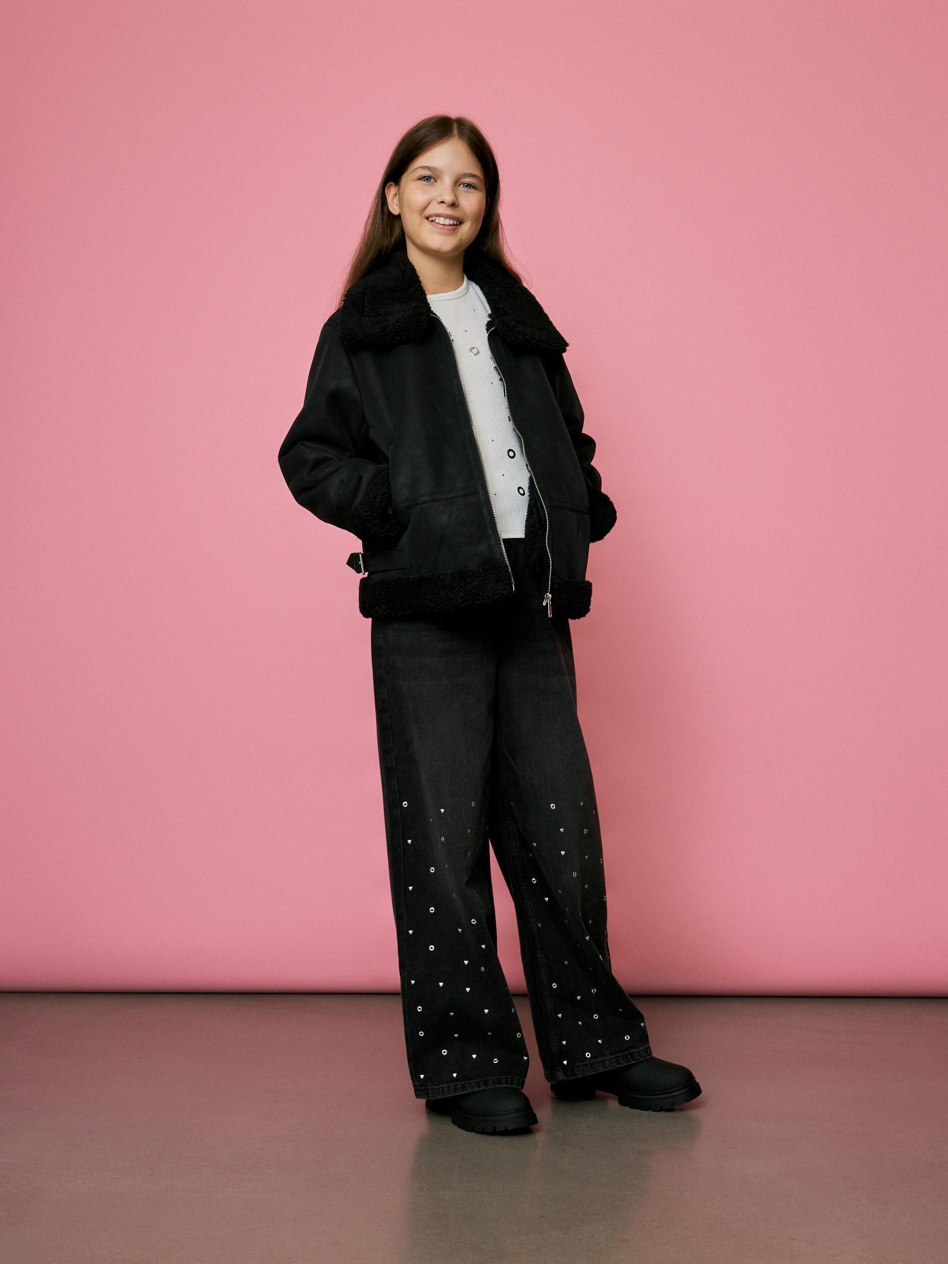 Black Insulated Faux Leather Jacket, Kids Girls, Black, large image number 2