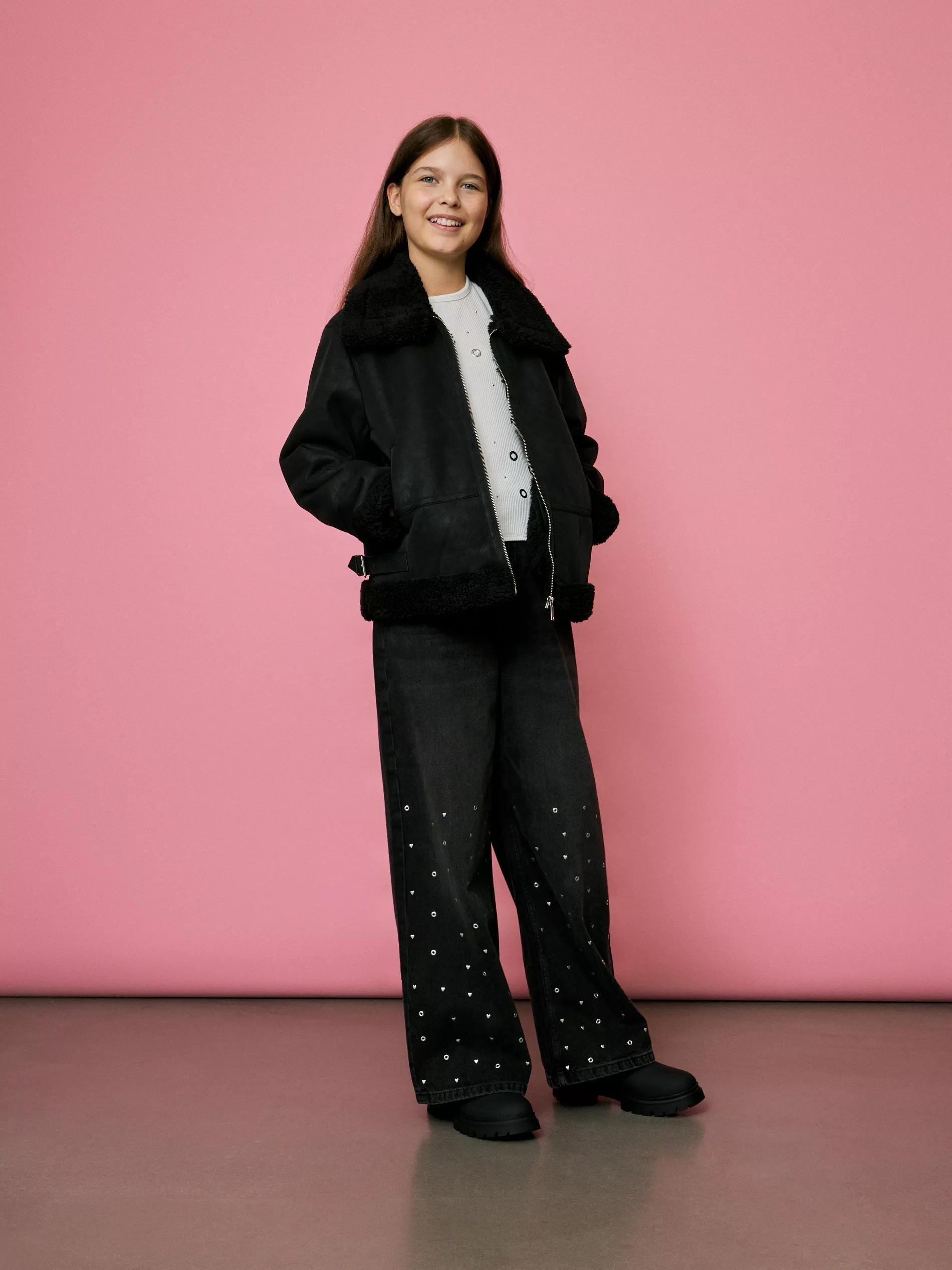 Black Insulated Faux Leather Jacket, Kids Girls, Black, medium