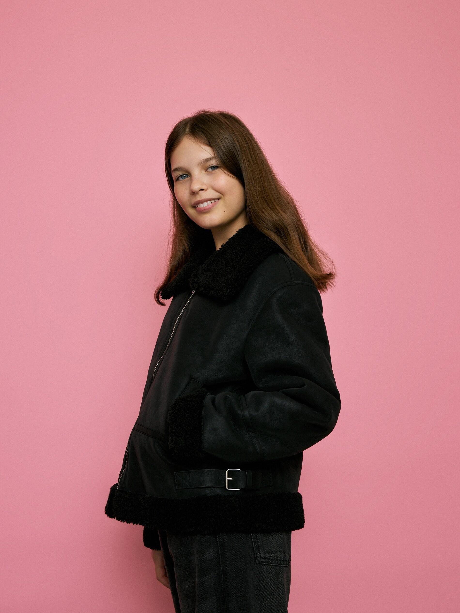 Black Insulated Faux Leather Jacket, Kids Girls, Black, large image number 4