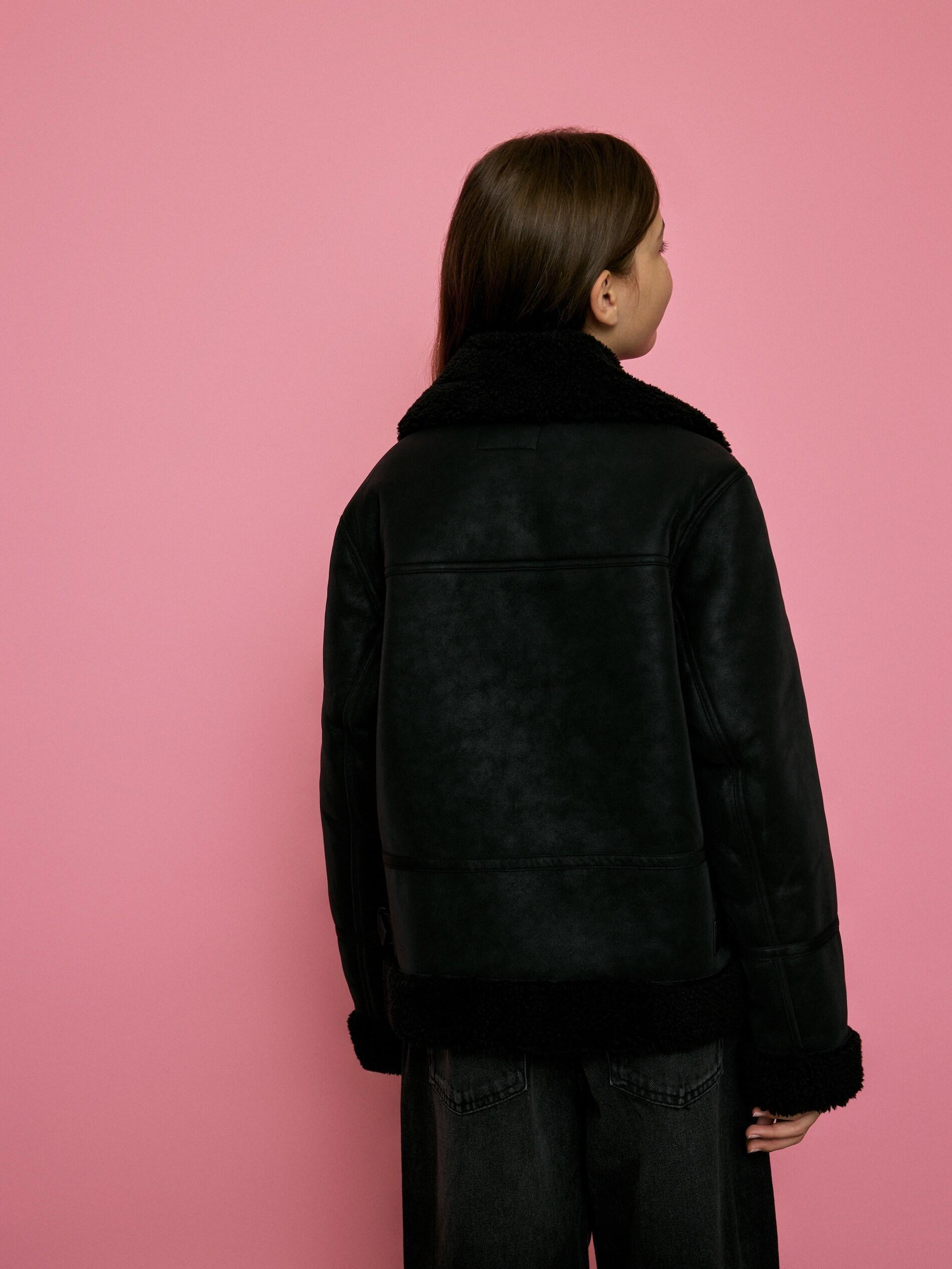 Black Insulated Faux Leather Jacket, Kids Girls, Black, large image number 5