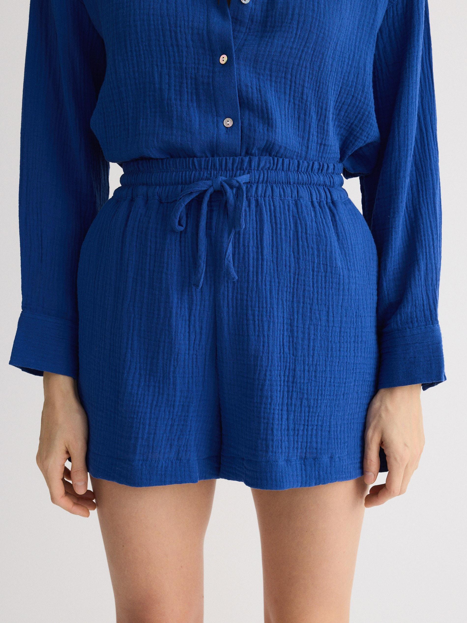 Blue Cotton Muslin Shorts, , large image number 0
