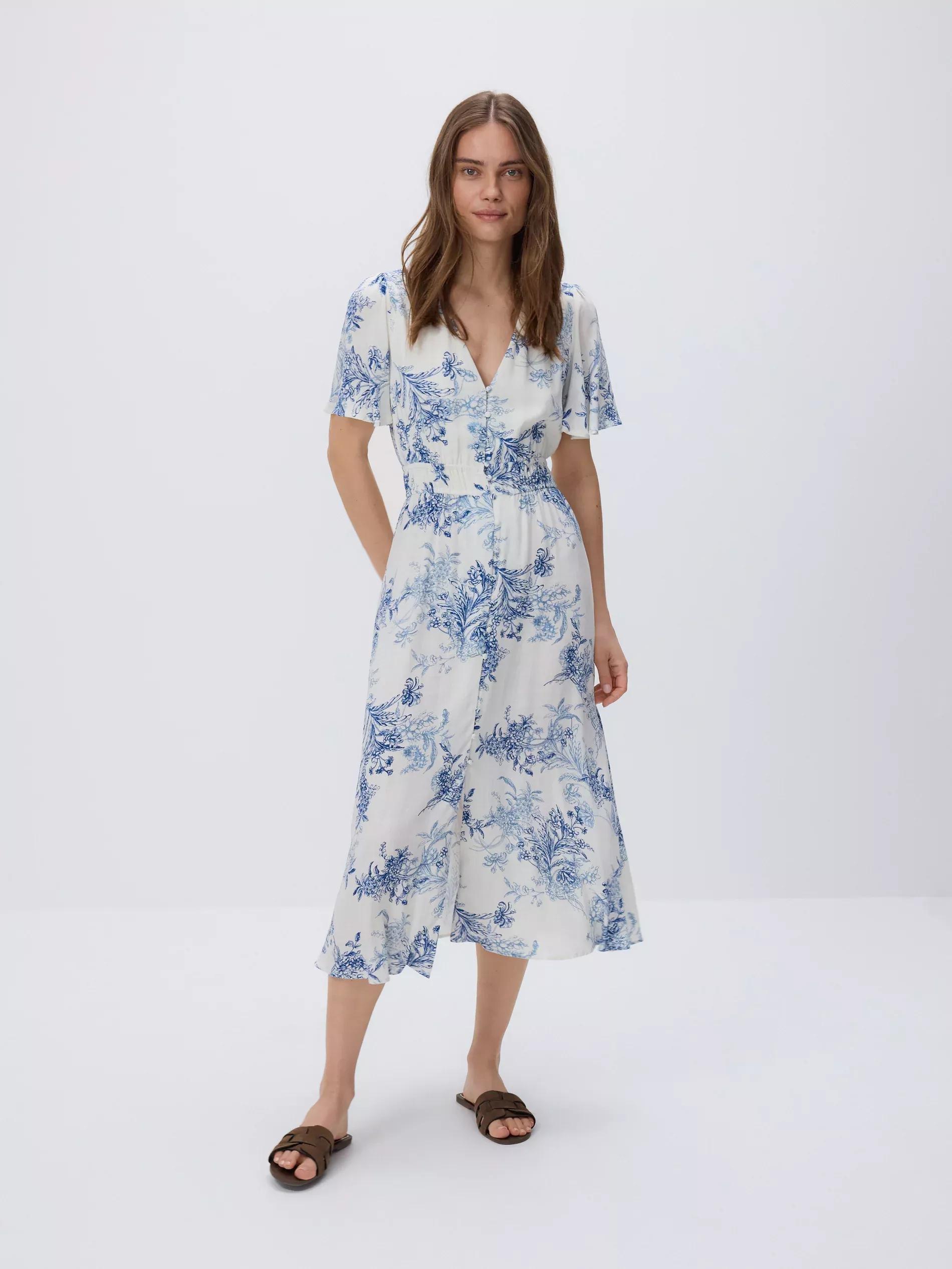 Blue Floral Print Midi Dress, , large image number 0