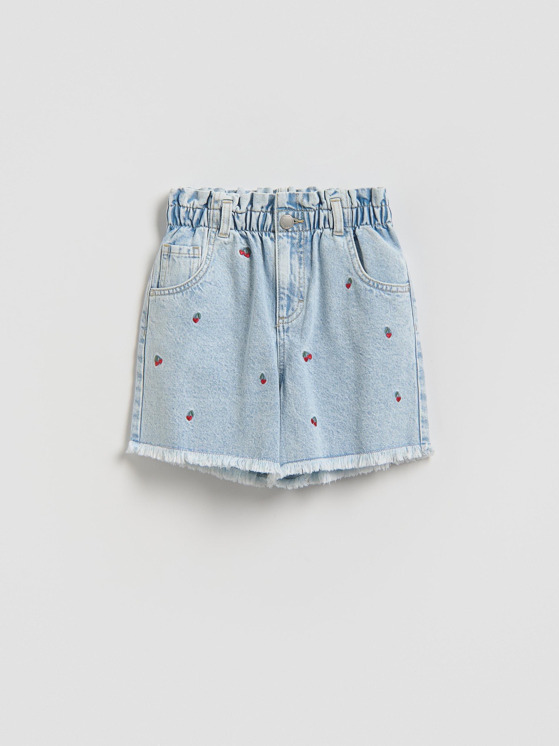 Blue Embroidered Denim Shorts, Blue, large image number 0