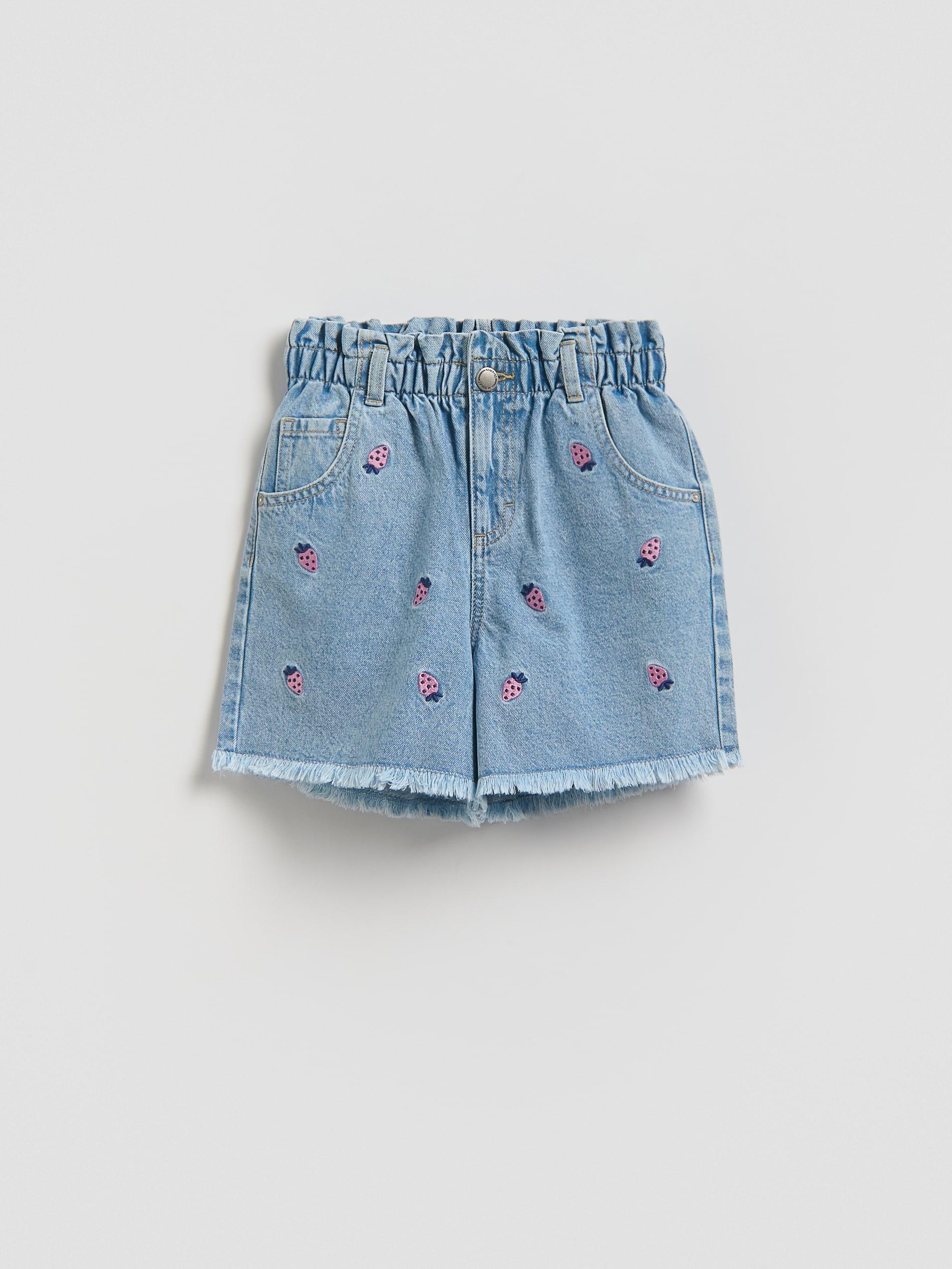 Blue Embroidered Denim Shorts, Blue, large image number 0