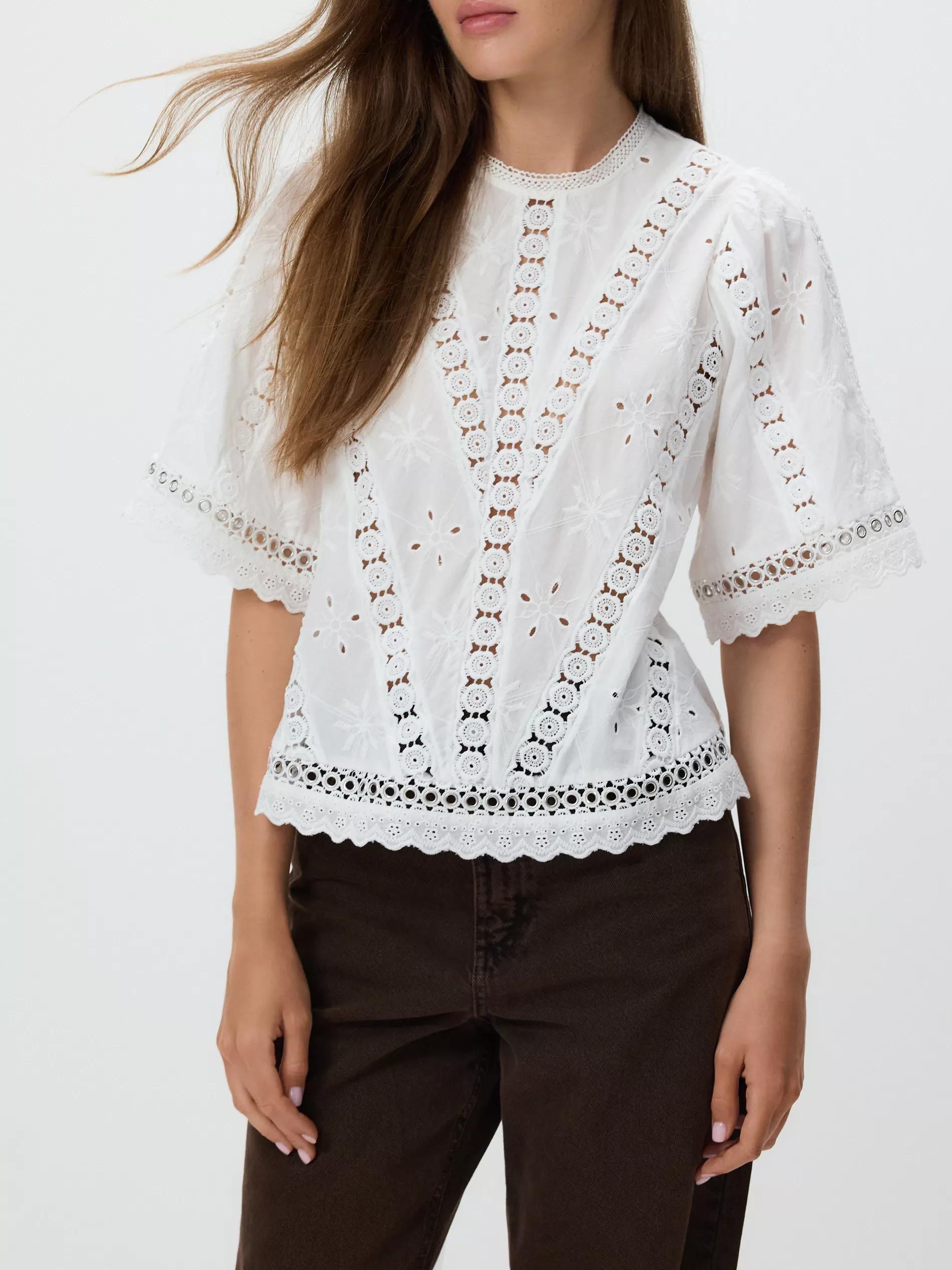 White Cotton Blouse With Openwork Embroidery, White, large image number 0