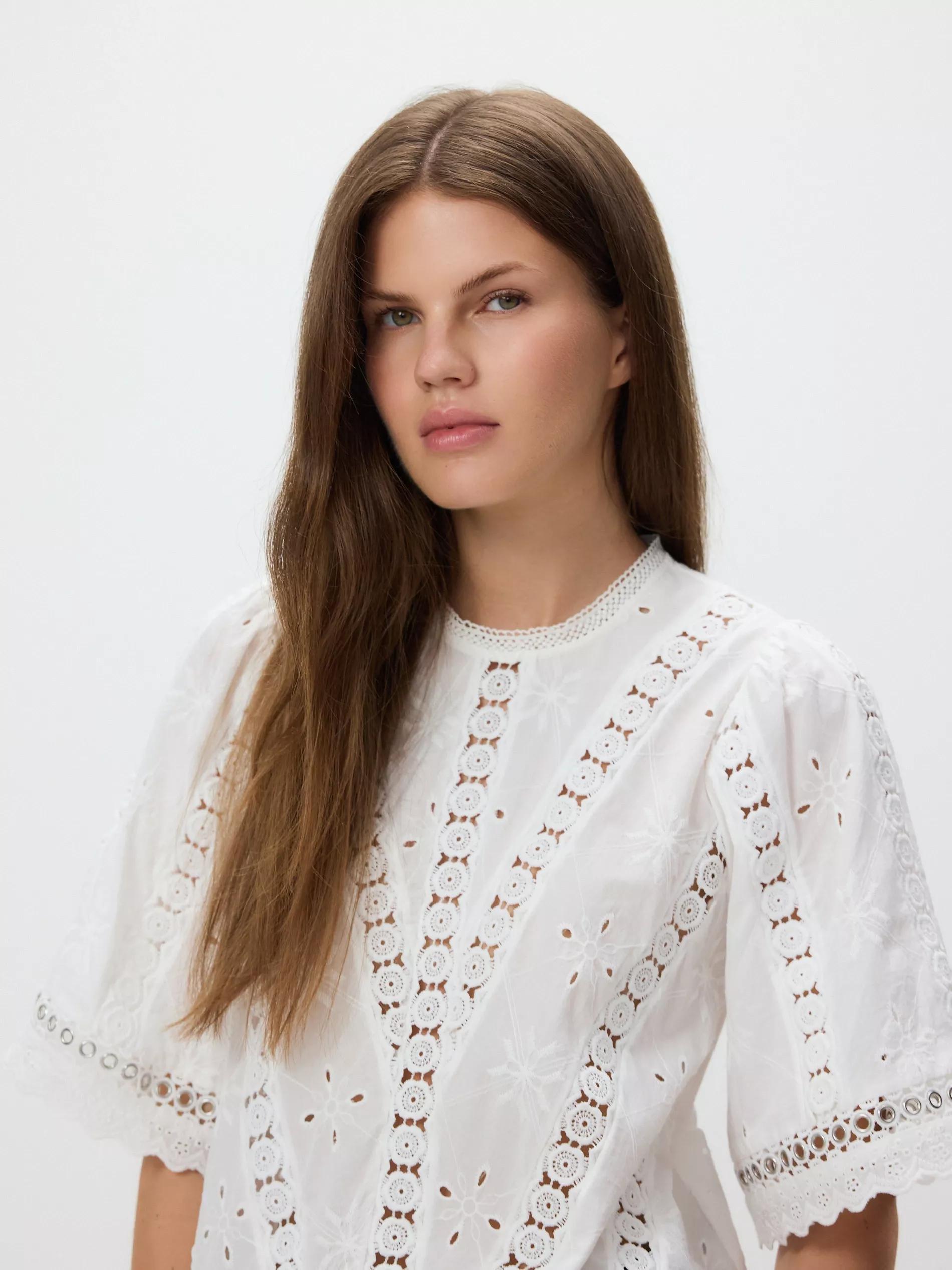 White Cotton Blouse With Openwork Embroidery, White, large image number 1
