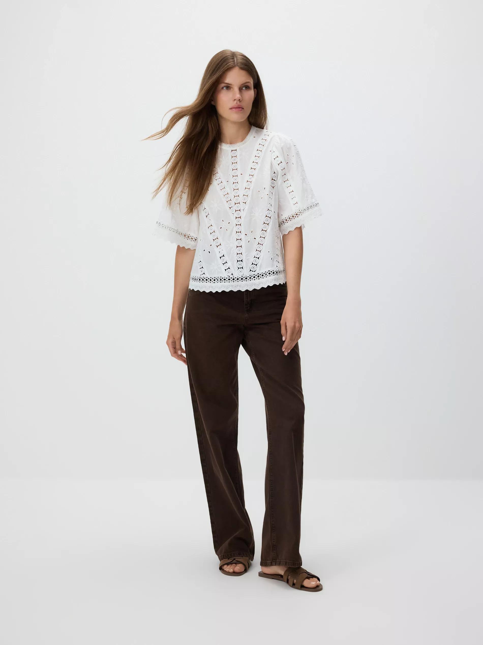 White Cotton Blouse With Openwork Embroidery, White, medium