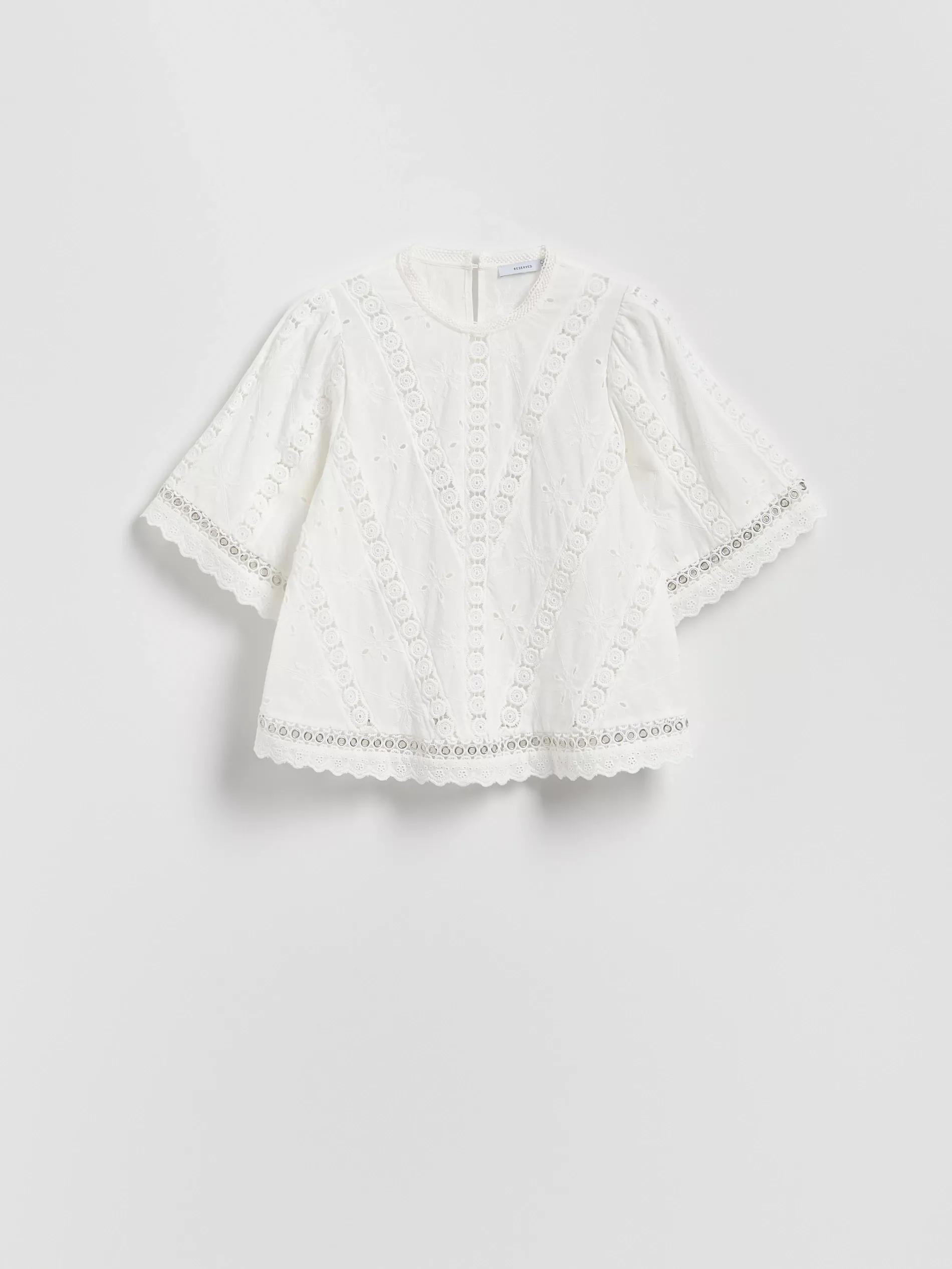 White Cotton Blouse With Openwork Embroidery, White, medium