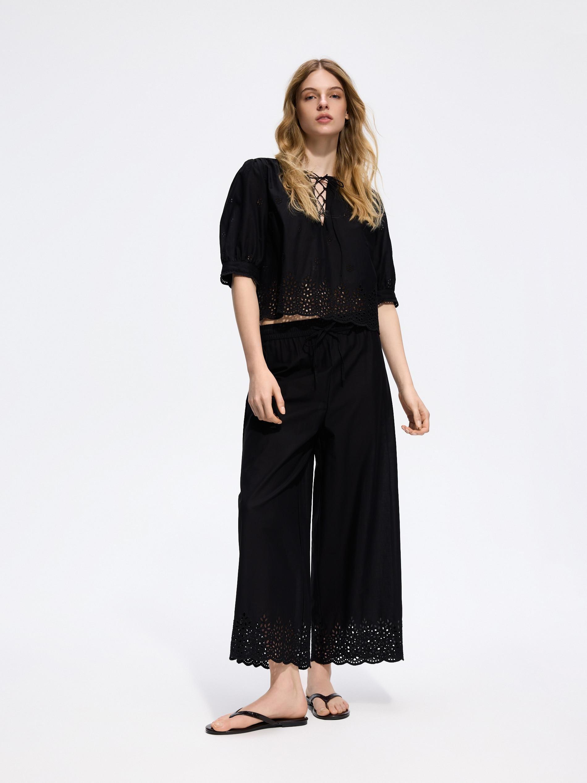 Black Openwork Blouse, Black, large image number 0