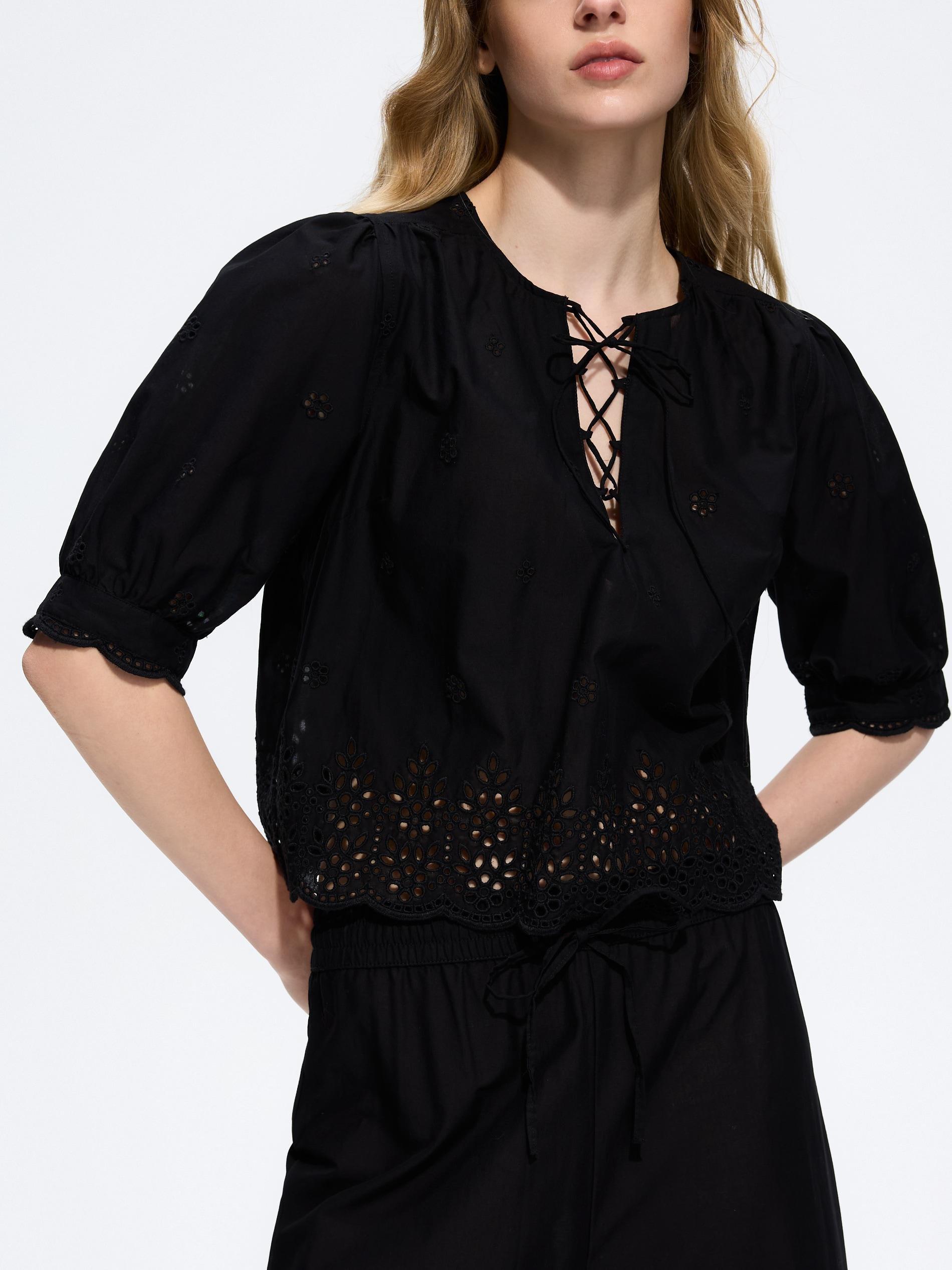 Black Openwork Blouse, Black, large image number 1