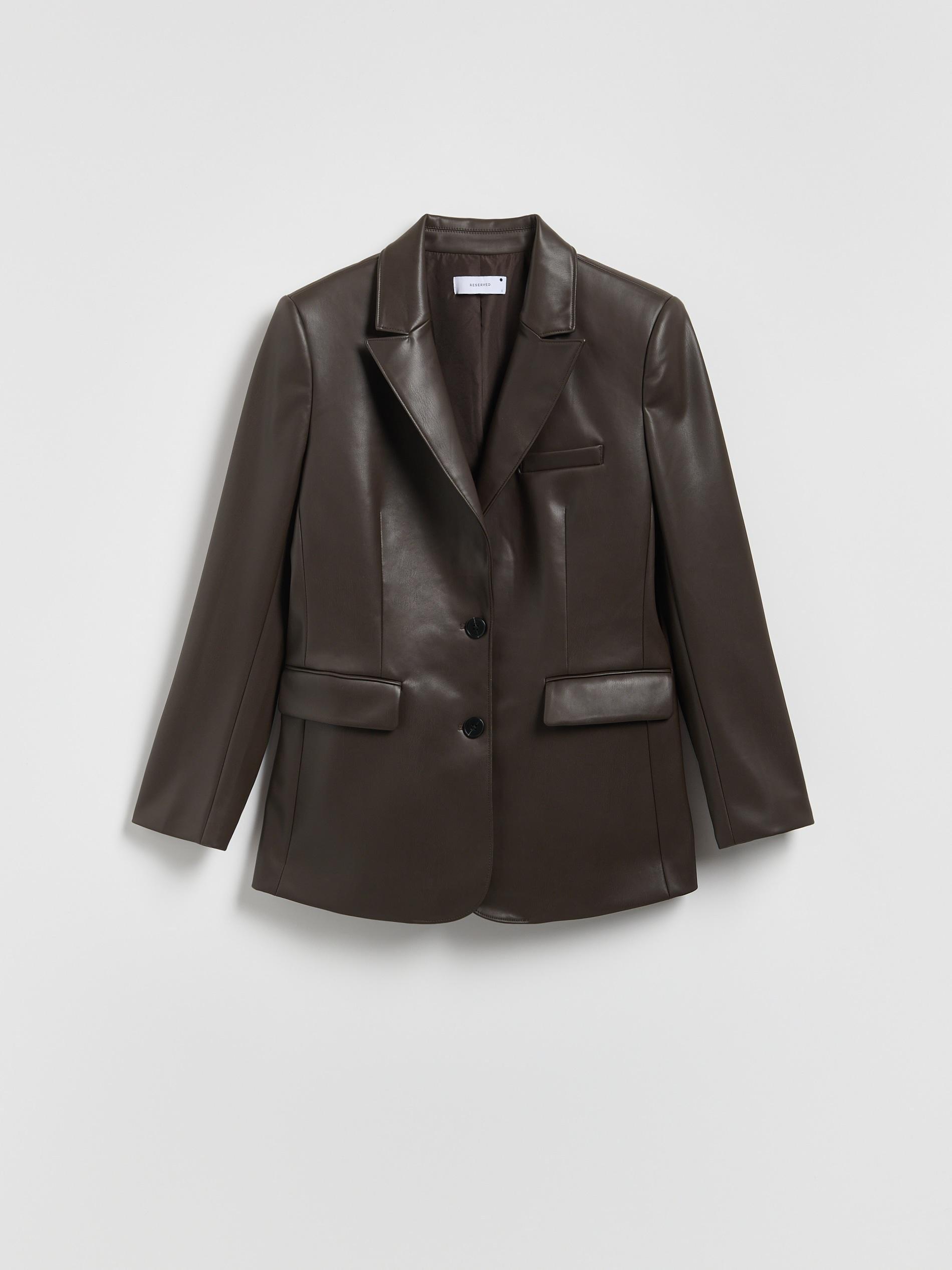 Brown Faux Leather Blazer, Brown, medium