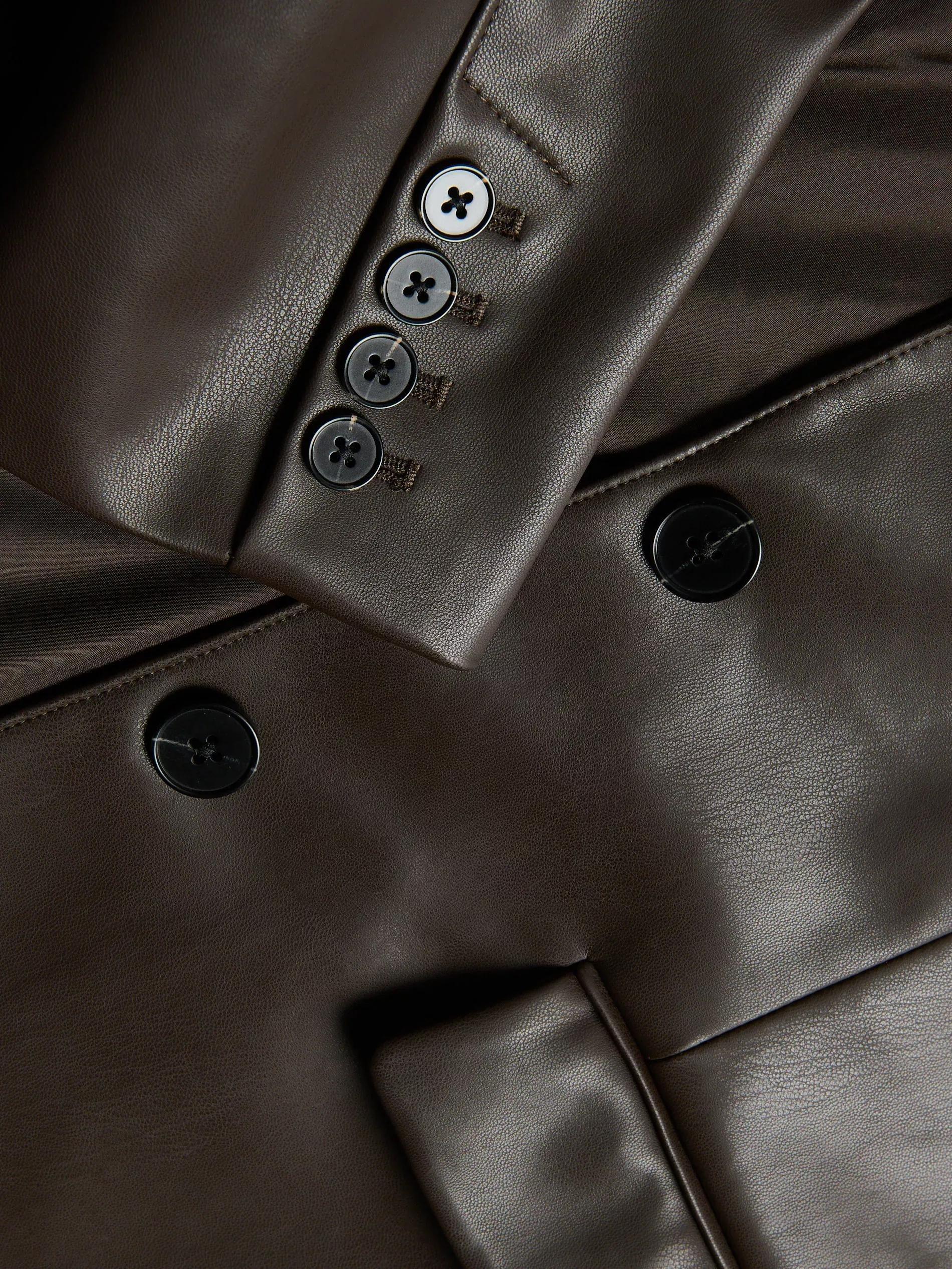 Brown Faux Leather Blazer, Brown, large image number 1
