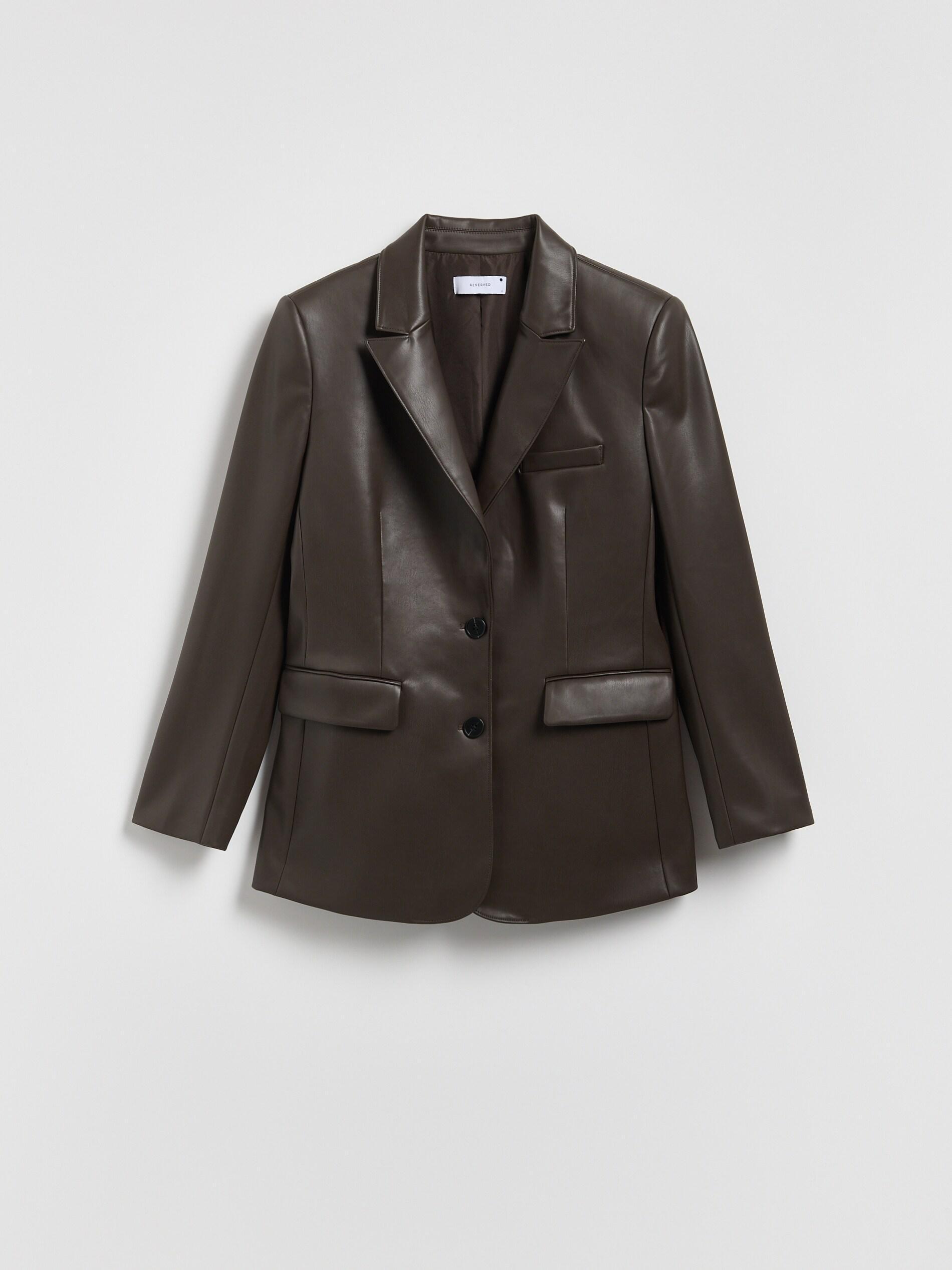Brown Faux Leather Blazer, Brown, large image number 4