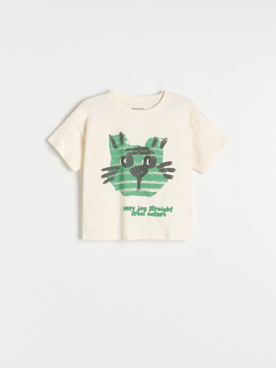 Cream Cotton T-Shirt With Print, , medium