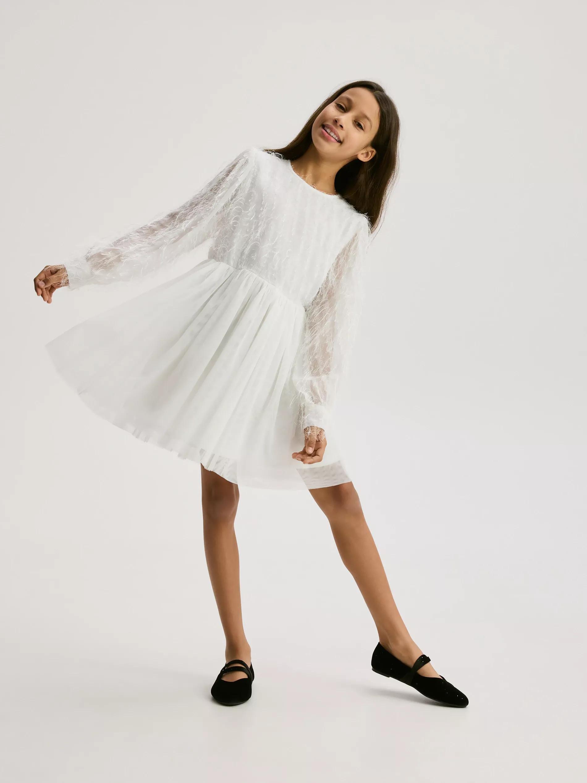 Cream Dress With Feather Trim, Ivory, medium