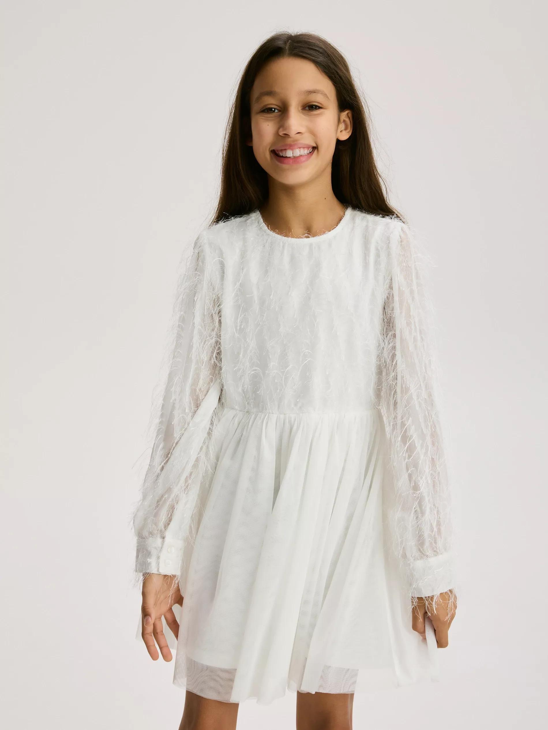 Cream Dress With Feather Trim, Ivory, large image number 1