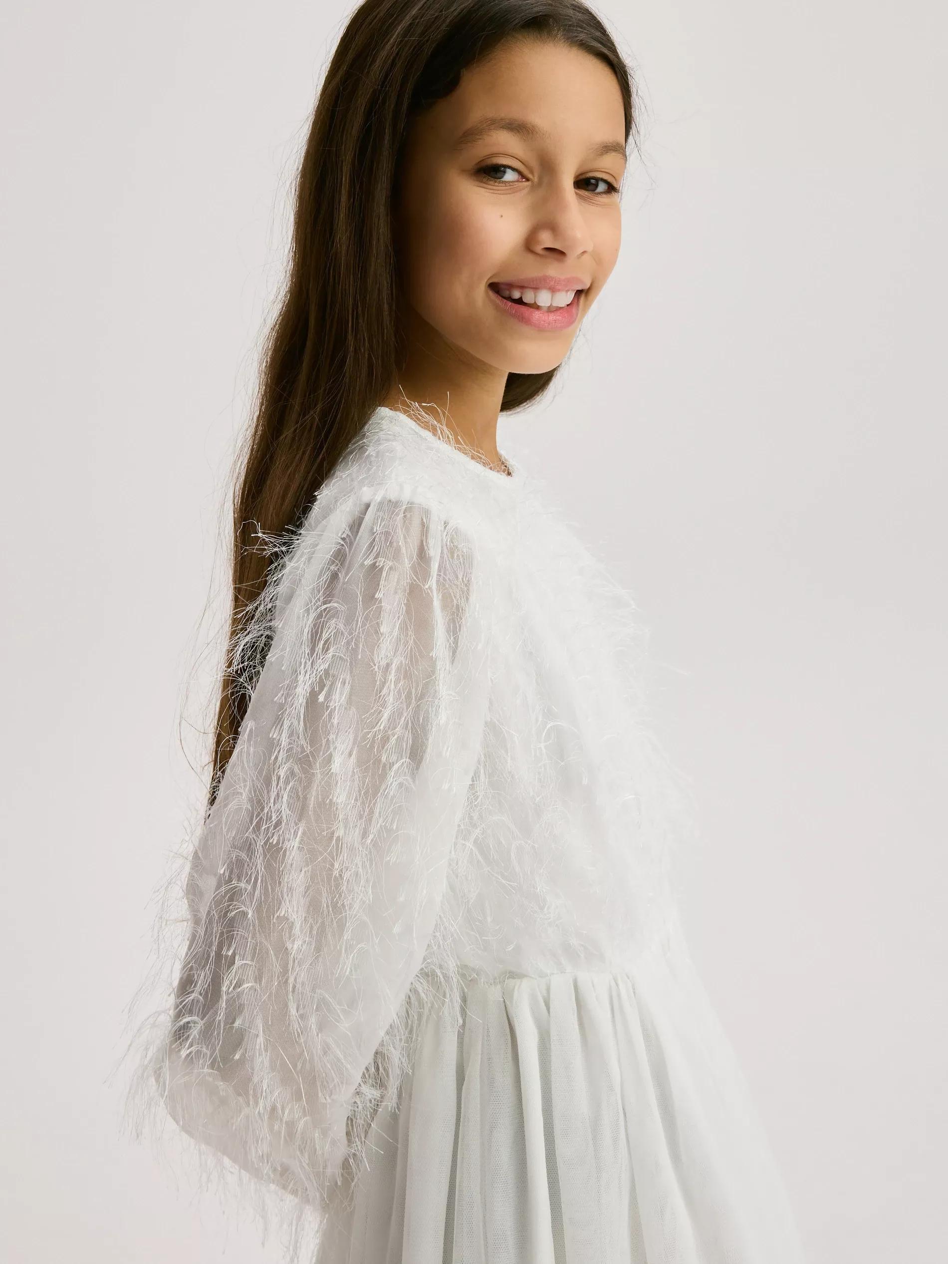 Cream Dress With Feather Trim, Ivory, large image number 4