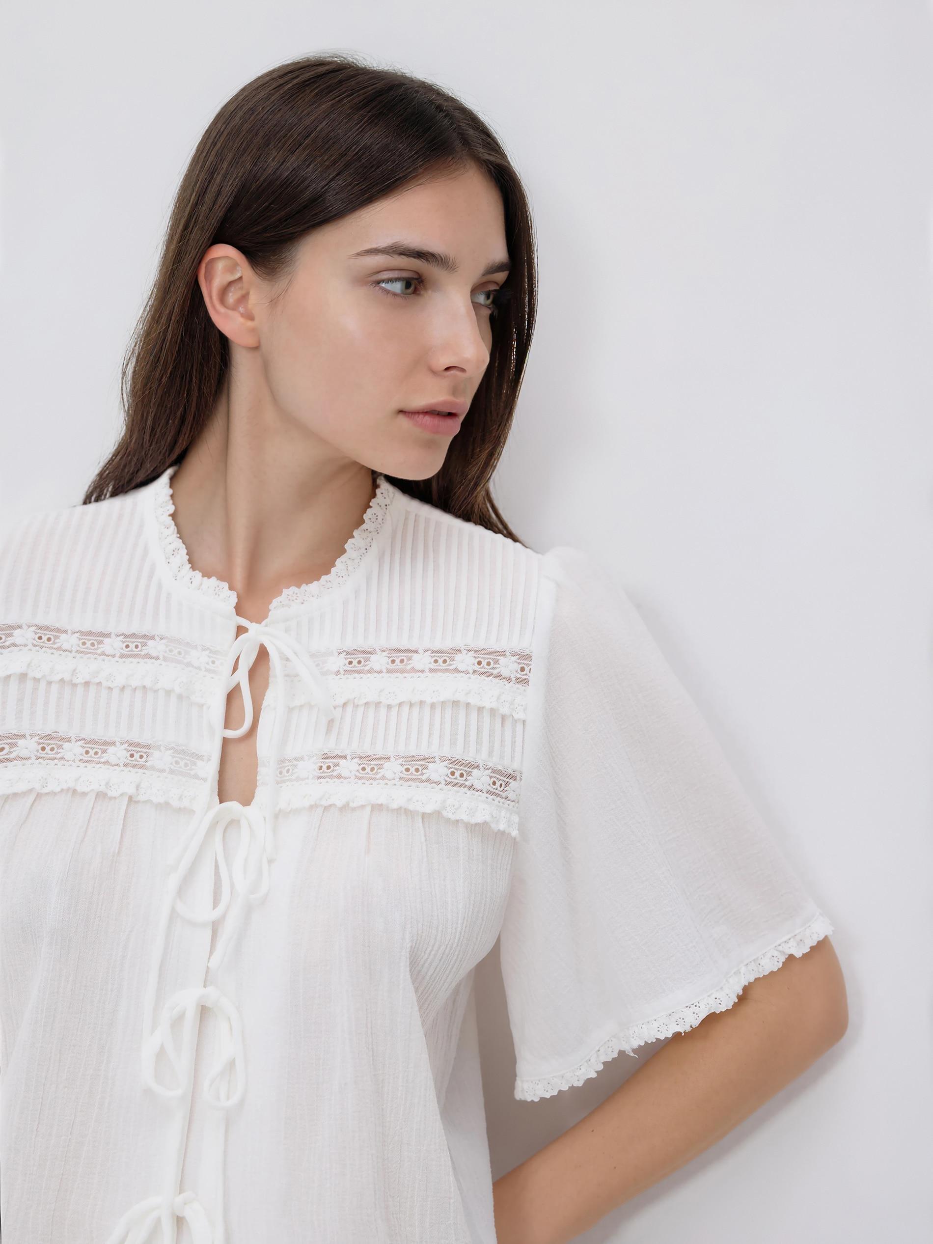 Cream Blouse With Tie Details, Ivory, large image number 0