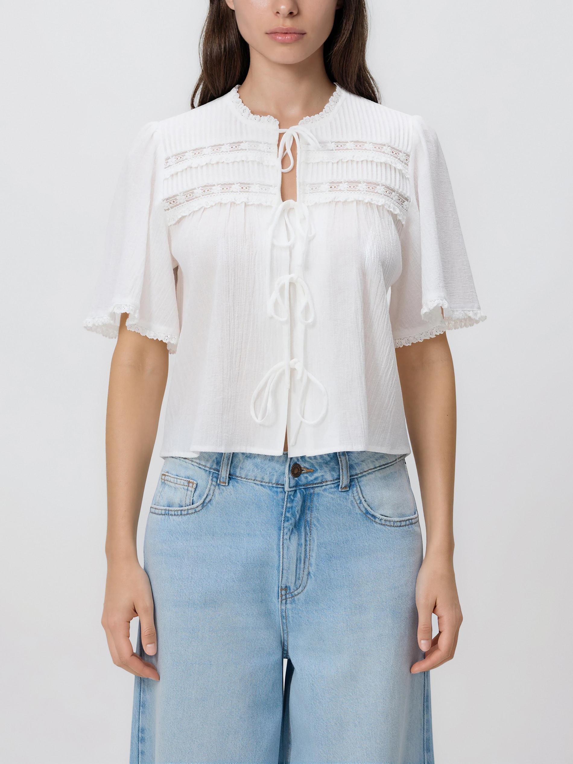 Cream Blouse With Tie Details, Ivory, large image number 1
