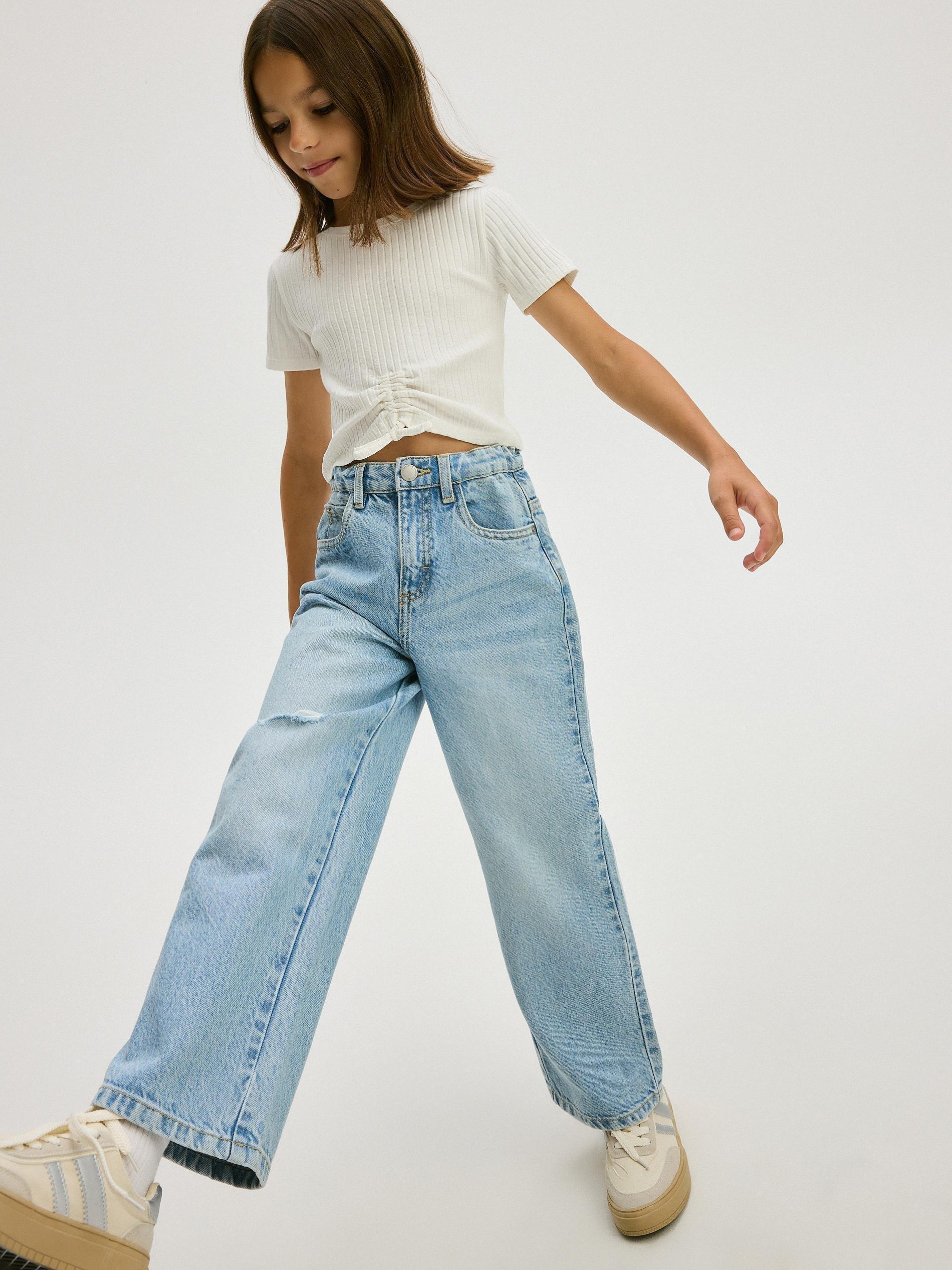 White Ribbed Short Sleeve T-Shirt, Kids Girls, , large image number 0