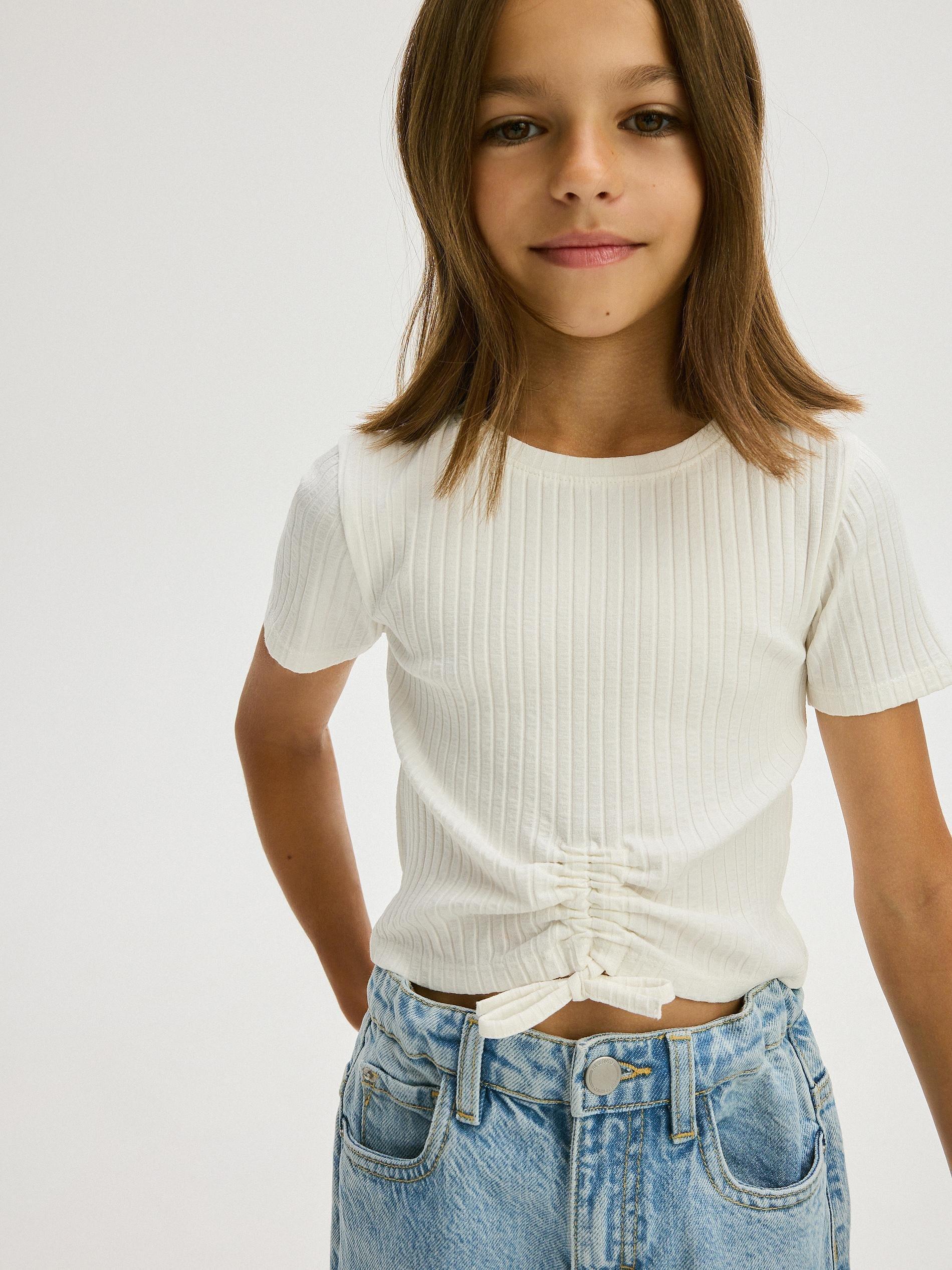 White Ribbed Short Sleeve T-Shirt, Kids Girls, , large image number 2