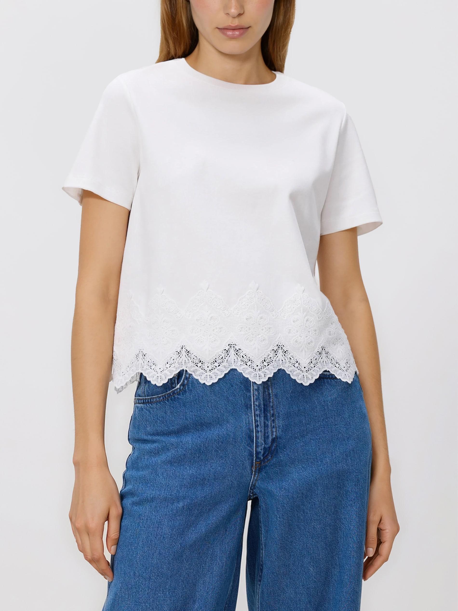 White T-Shirt With Lace Applique, White, large image number 0