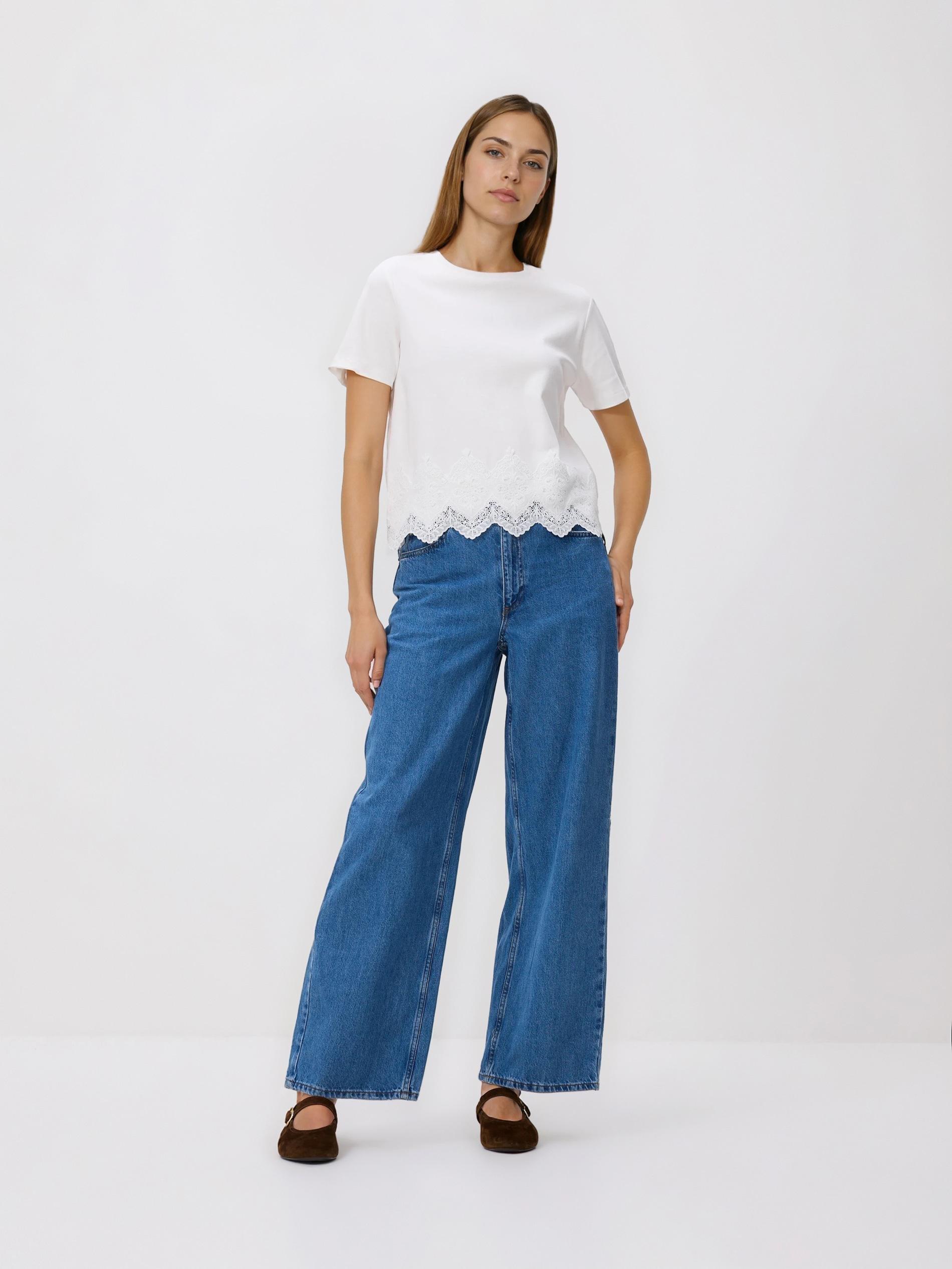 White T-Shirt With Lace Applique, White, large image number 1