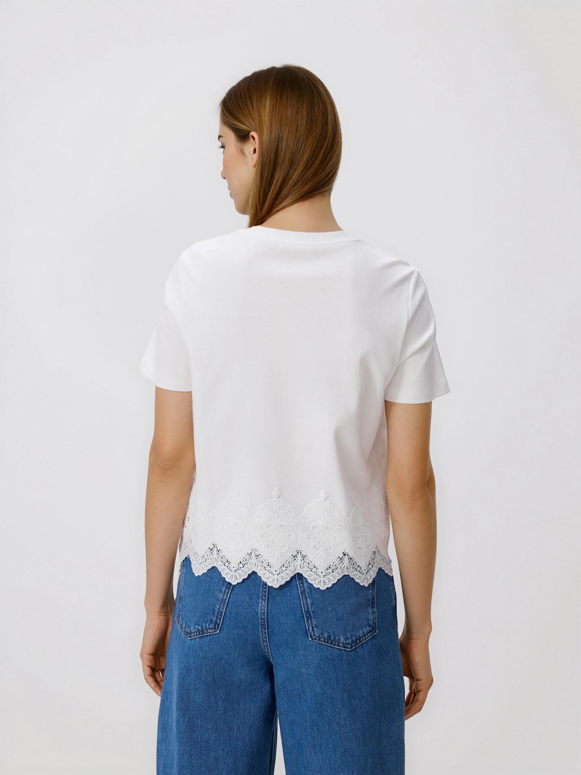 White T-Shirt With Lace Applique, White, large image number 3