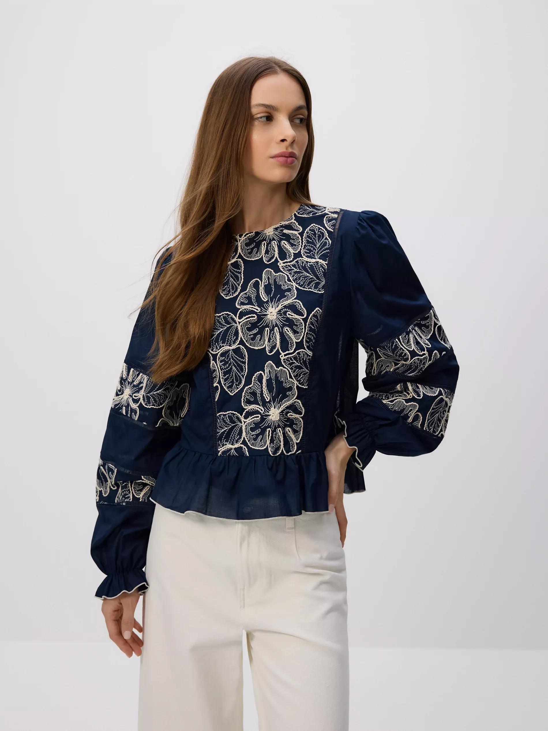 NAVY Blouse with decorative embroidery, Navy, medium