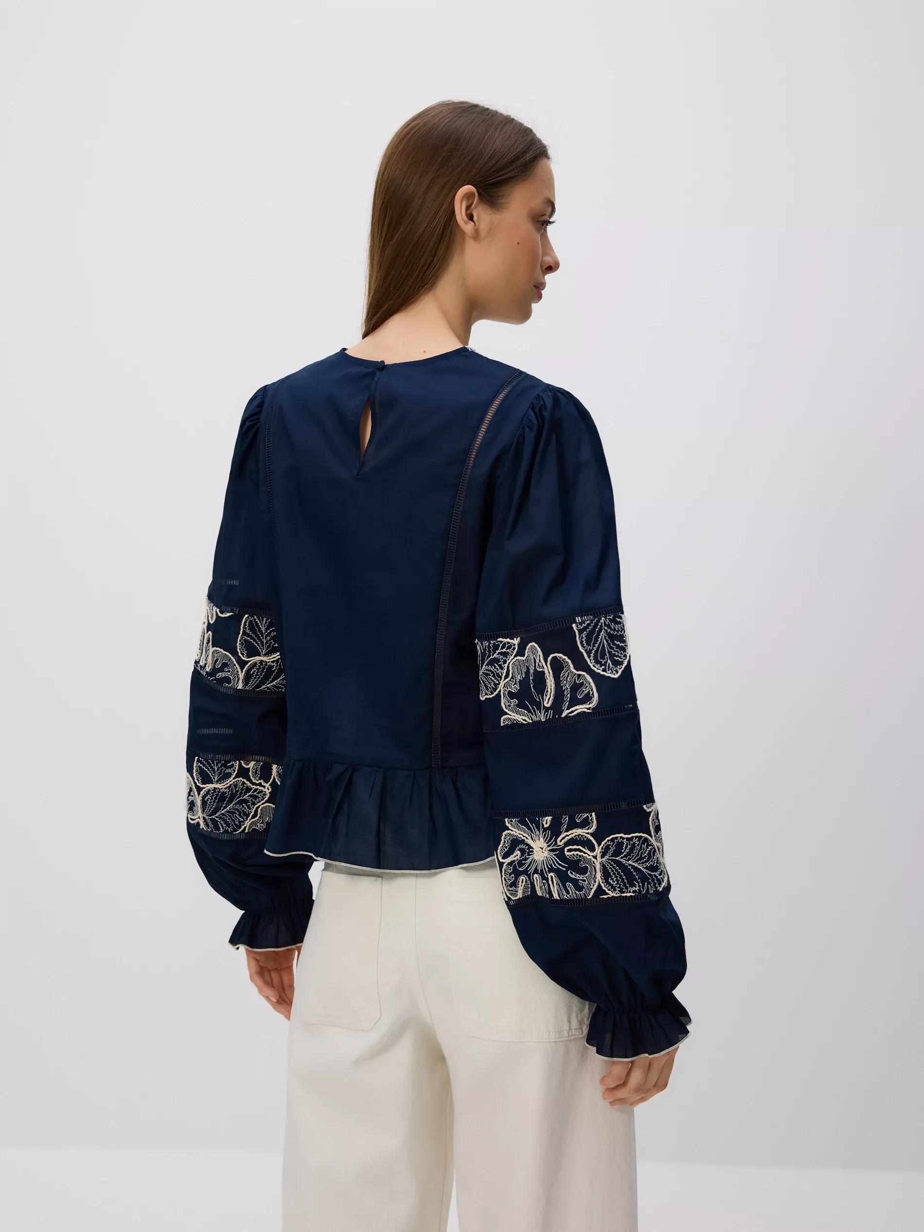Navy Blouse With Decorative Embroidery, Navy, large image number 1