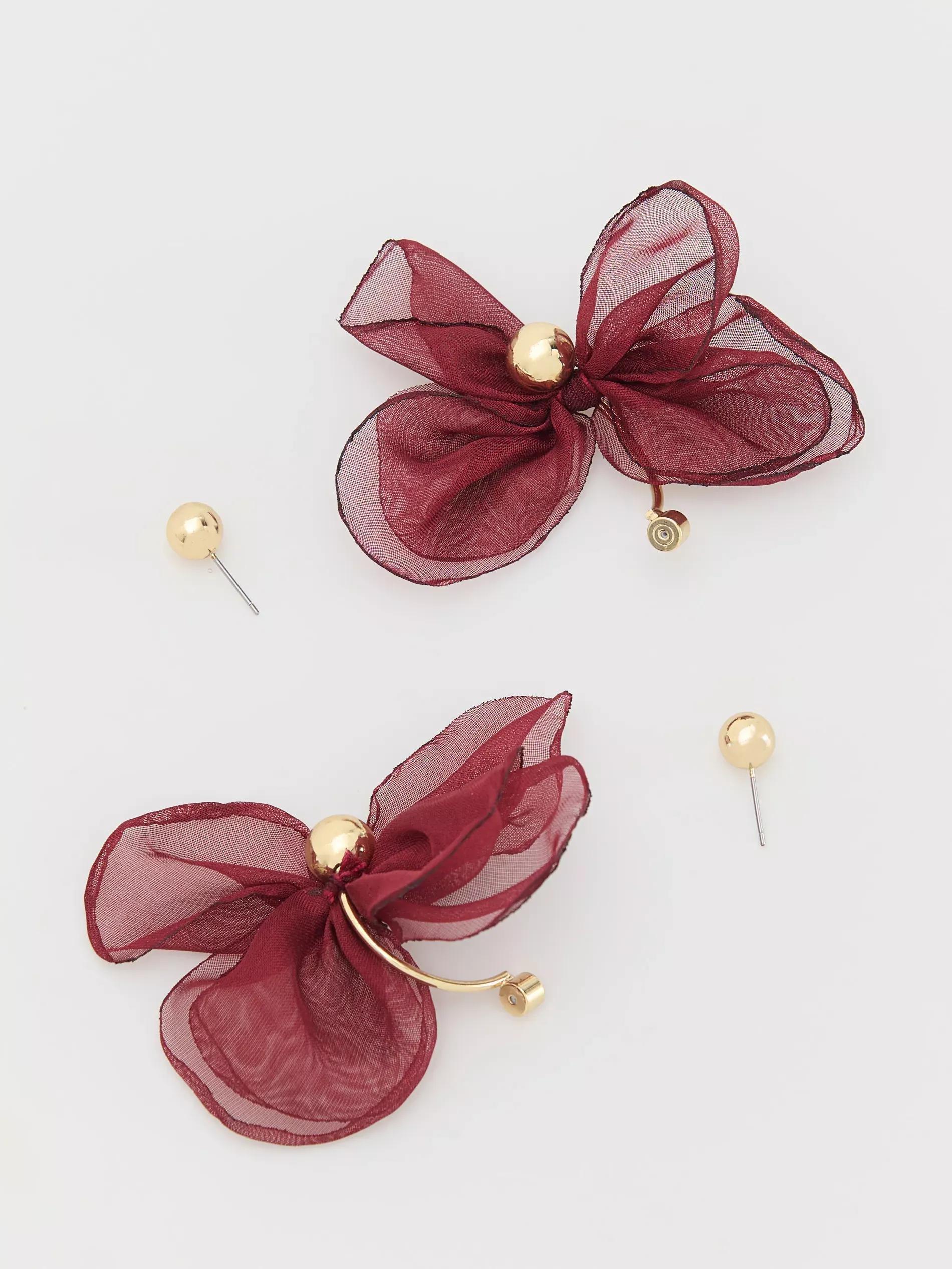 Mahagony Earrings With Floral Motif, Burgundy, large image number 1